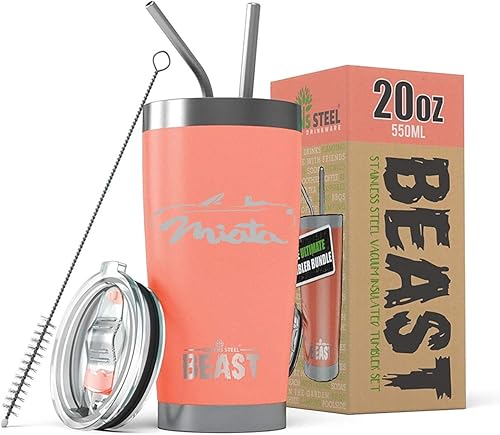 Miniatura 3 de 2009-14 Miata Sports Car BEAST Vaso aislado de acero inoxidable de 20 onzas con tapa, 2 pajillas, cepillo y caja de regalo, color negro