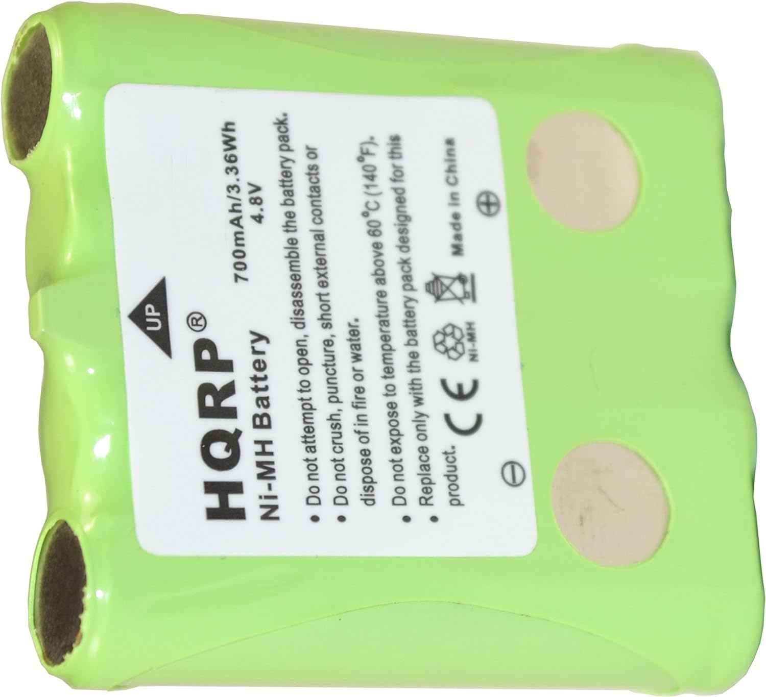 Close-up of HQRP Ni-MH battery showing safety warnings