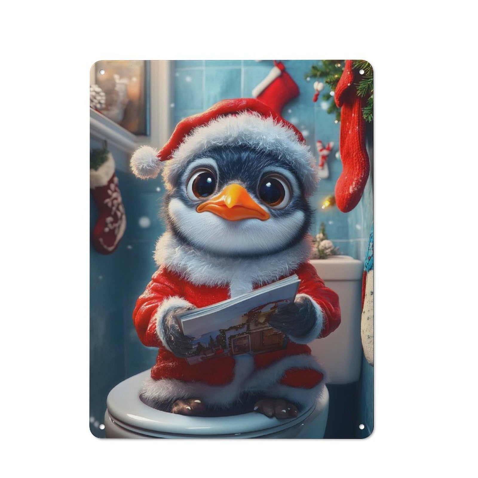 Junmoney Penguin In Santa Suit Classic Metal Wall Decor 40X30cm, Decorative Metal Sign For Workspace, Cafe, Shop Or Desk Area