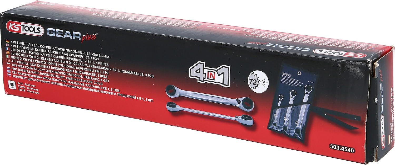 KS Tools 503.4540 4w1GEAR+Zest podw kluczy oczkowychz grzechot, przelacz 3-szt, 8x11-17x18mm