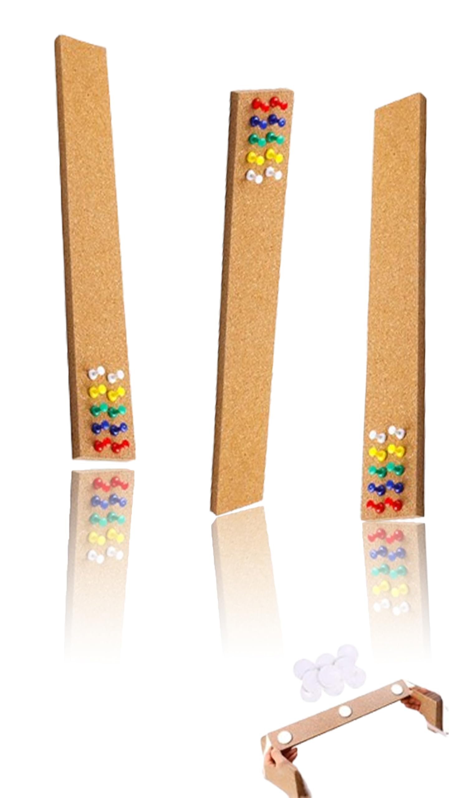 Thick Cork Bulletin Bar Strips, Strong Self Adhesive Backing, 4 Pack100% Natural Frameless Cork Board Strips, with 35 Multi-Color Push Pins(15" x 2"- 1/2")