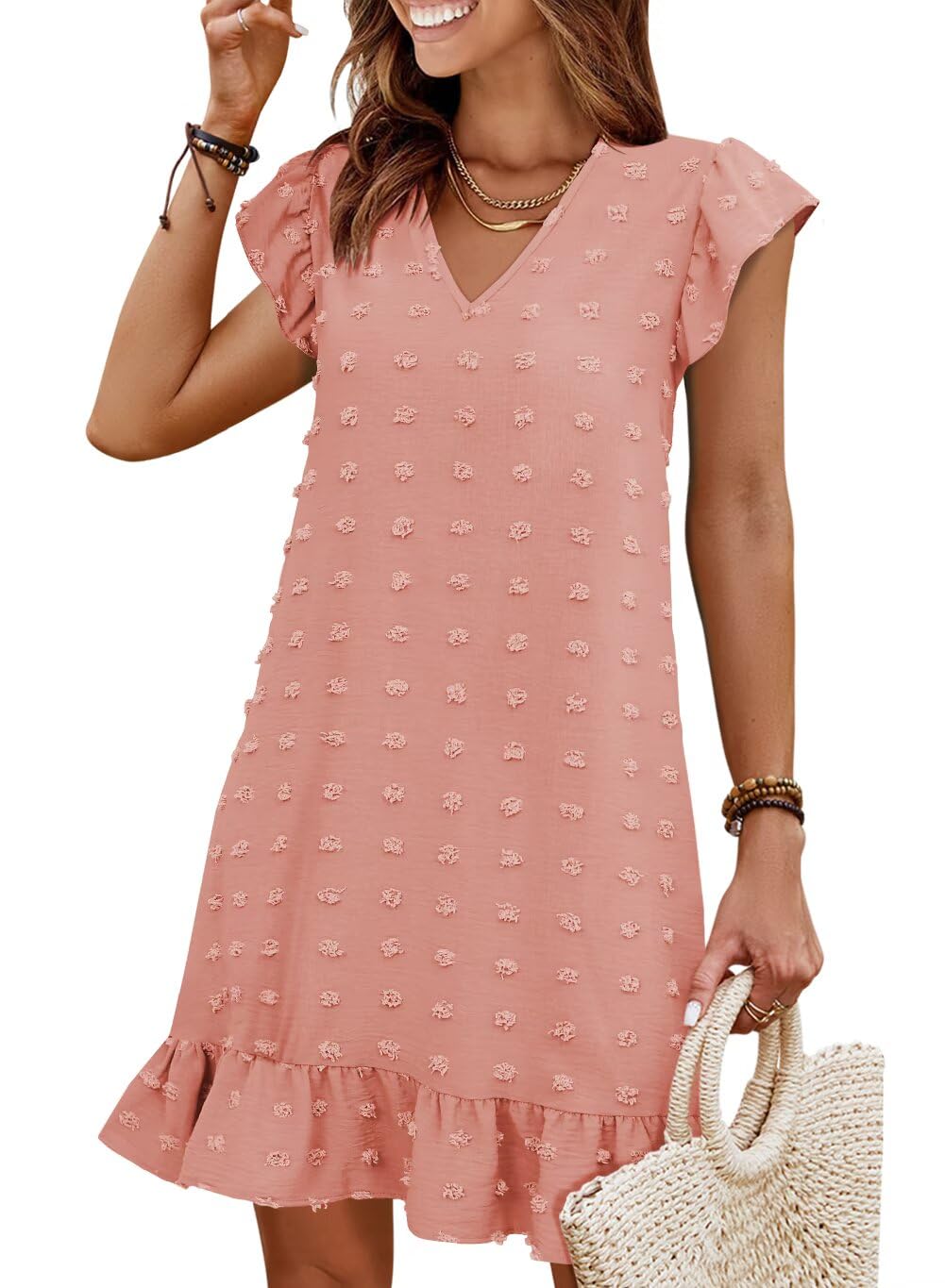 QACOHU Spring Summer Dresses for Women 2026 V Neck Cap Sleeve Ruffle Hem Smock Short Casual Beach Dress