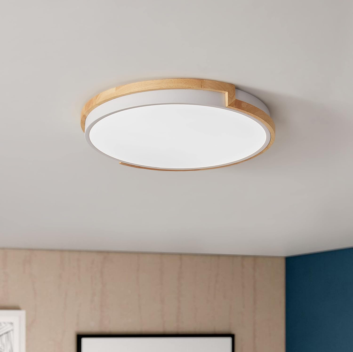Modern 16.85" LED Wood Flush Mount Ceiling Lighting Dimmable Contemporary Circle Ceiling Light Fixture Simple Round Acrylic Metal Lamp for Bedroom Living Room Kitchen Closet Room Laundry White