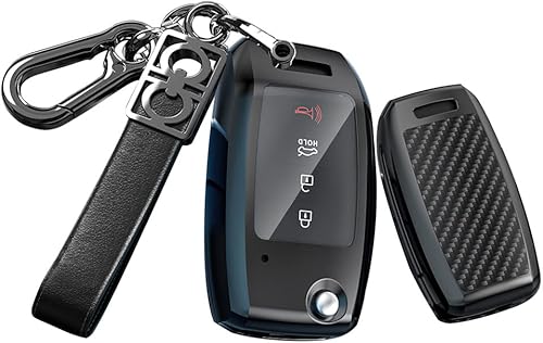 HIBEYO Funda de fibra de carbono con tapa para llavero Kia Sedona Optima Sportage Sorento Soul Forte Cerato Carens 34 botones con llaveros, color