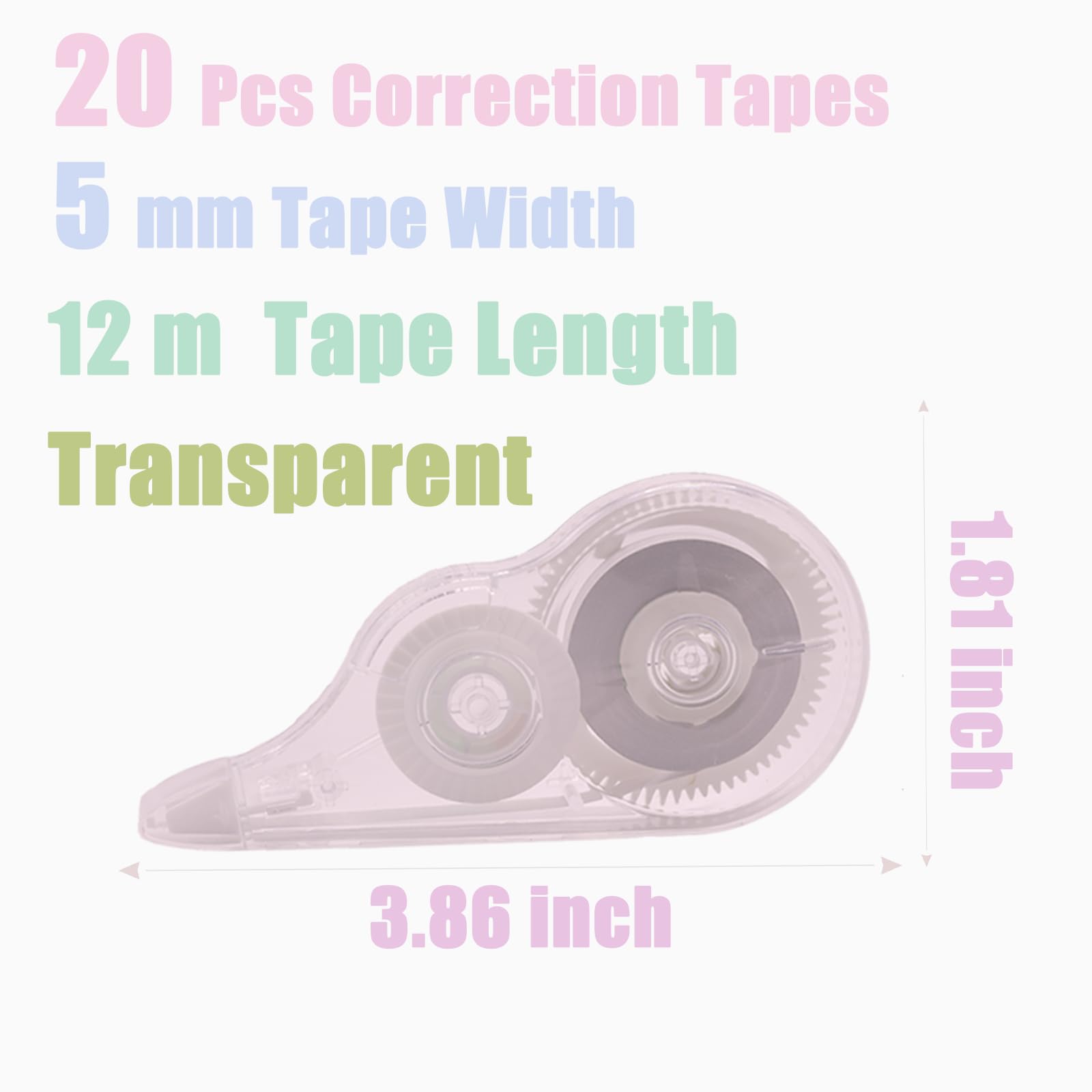 20 cintas correctoras transparentes de 39.4 pies, rodillo de cinta blanca equivocada a granel para notas, suministros para profesores, escuela, oficina