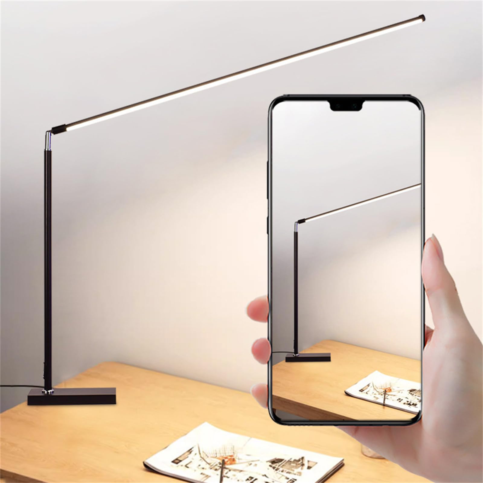 LED Schreibtischlampe Dimmbar mit Fernbedienung Tischlampe Einziehbar Metall mit Stecker & Kabel Schalter Leselampe Moderne 350° Drehbar Langarm Stufenlos Dimmbar Tischbeleuchtung für Büro (Schwarz)
