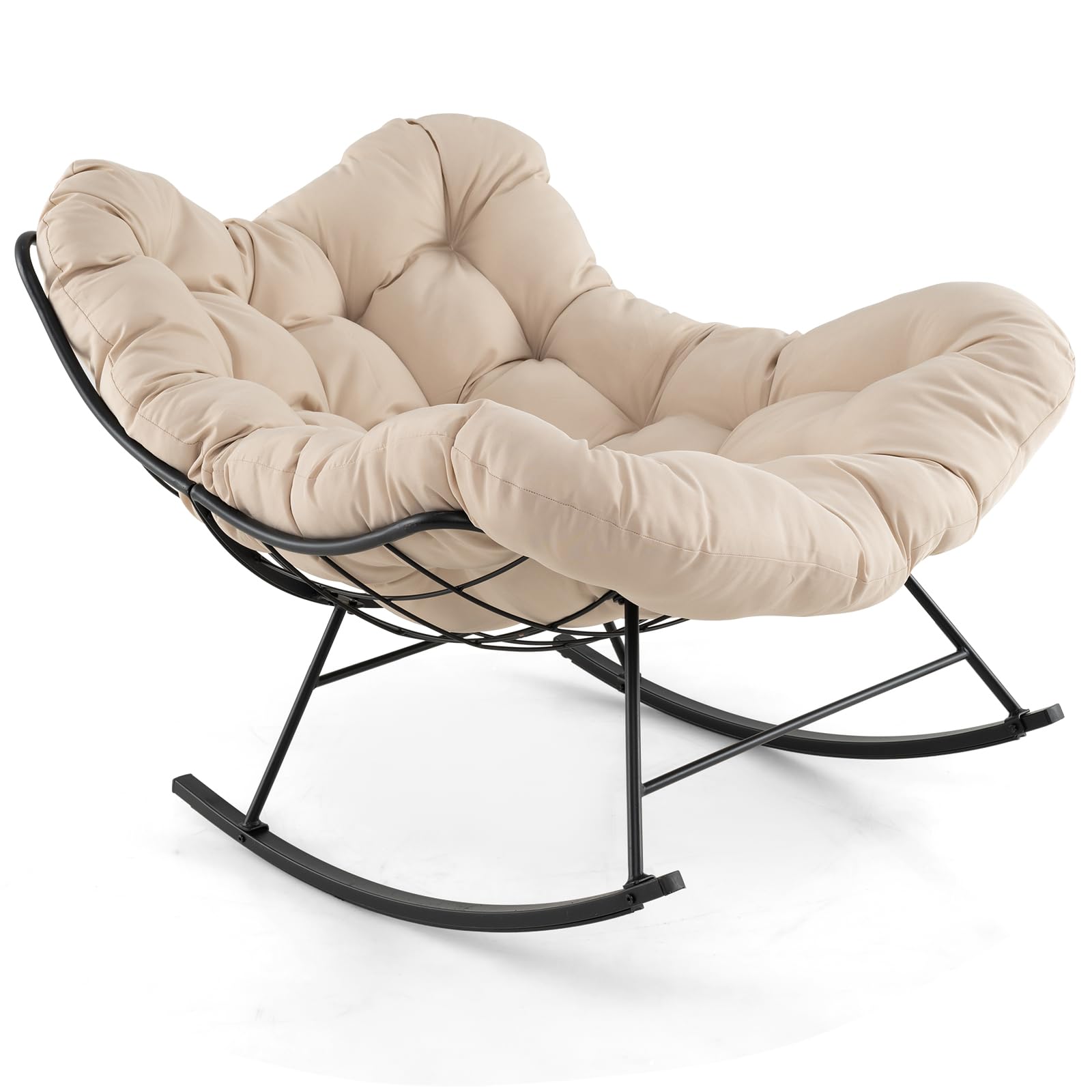 Giantex Indoor Outdoor Rocking Chair, Oversized Egg Papasan Chair with Padded Cushion, Patio Rocker Chair with 205 kg Capacity Metal Frame for Porch Garden Backyard (Beige) - Beige