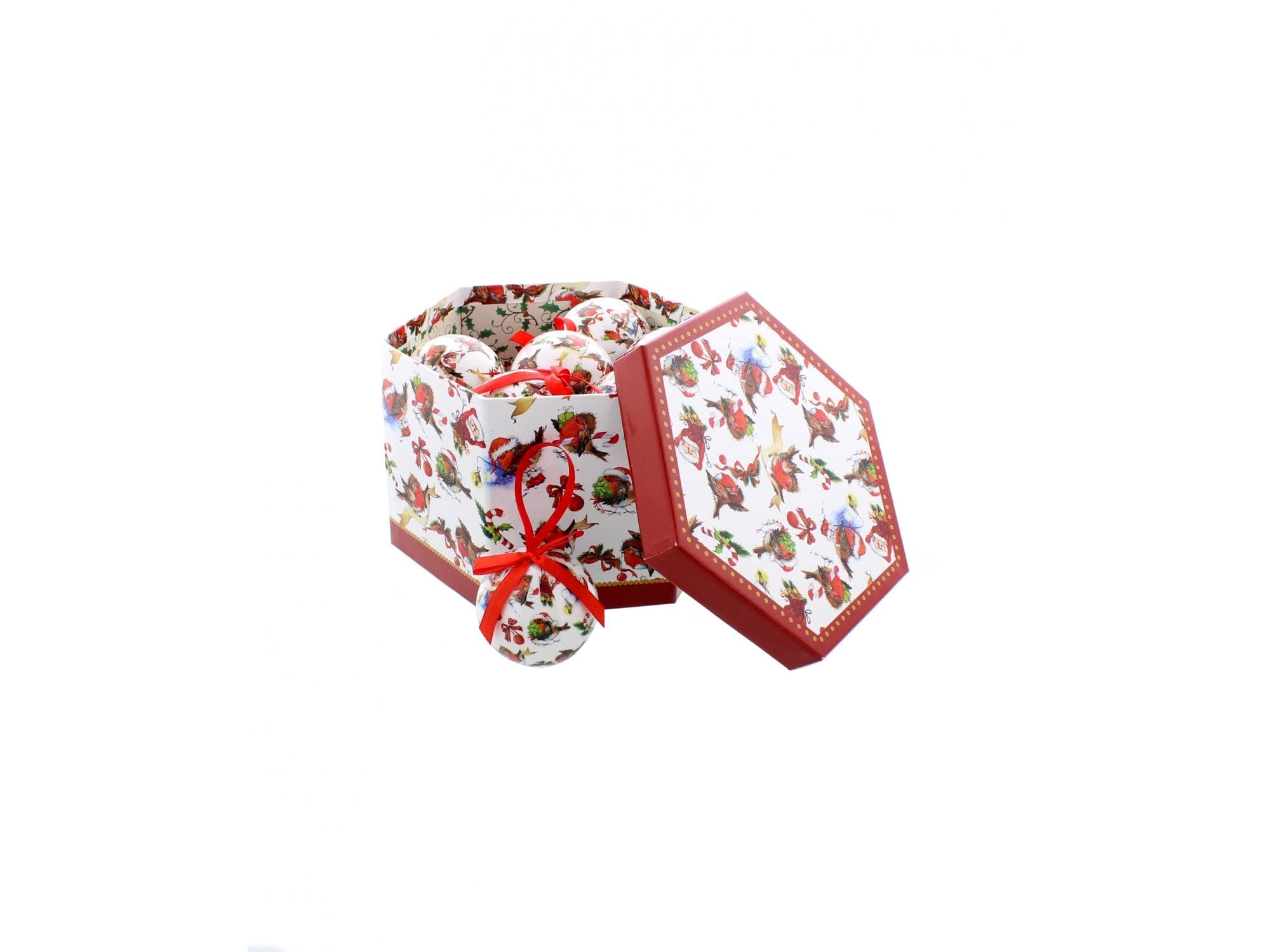 Festive Productions Red Robin Decoupage Christmas Baubles Set - 14 Piece Set, Includes Gift Storage Box