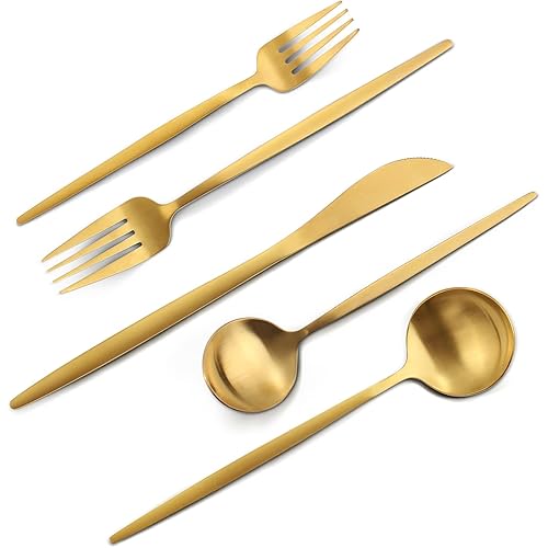 Matte Gold Silverware Set, VANVRO 20-Piece Stainless Steel Flatware Set, Satin Finish tableware Cutlery Set, Service for 4, Home and Restaurant, Dishwasher Safe