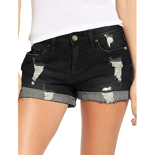 LookbookStore Women's High Waisted Rolled Hem Distressed Jeans Ripped Denim Shorts