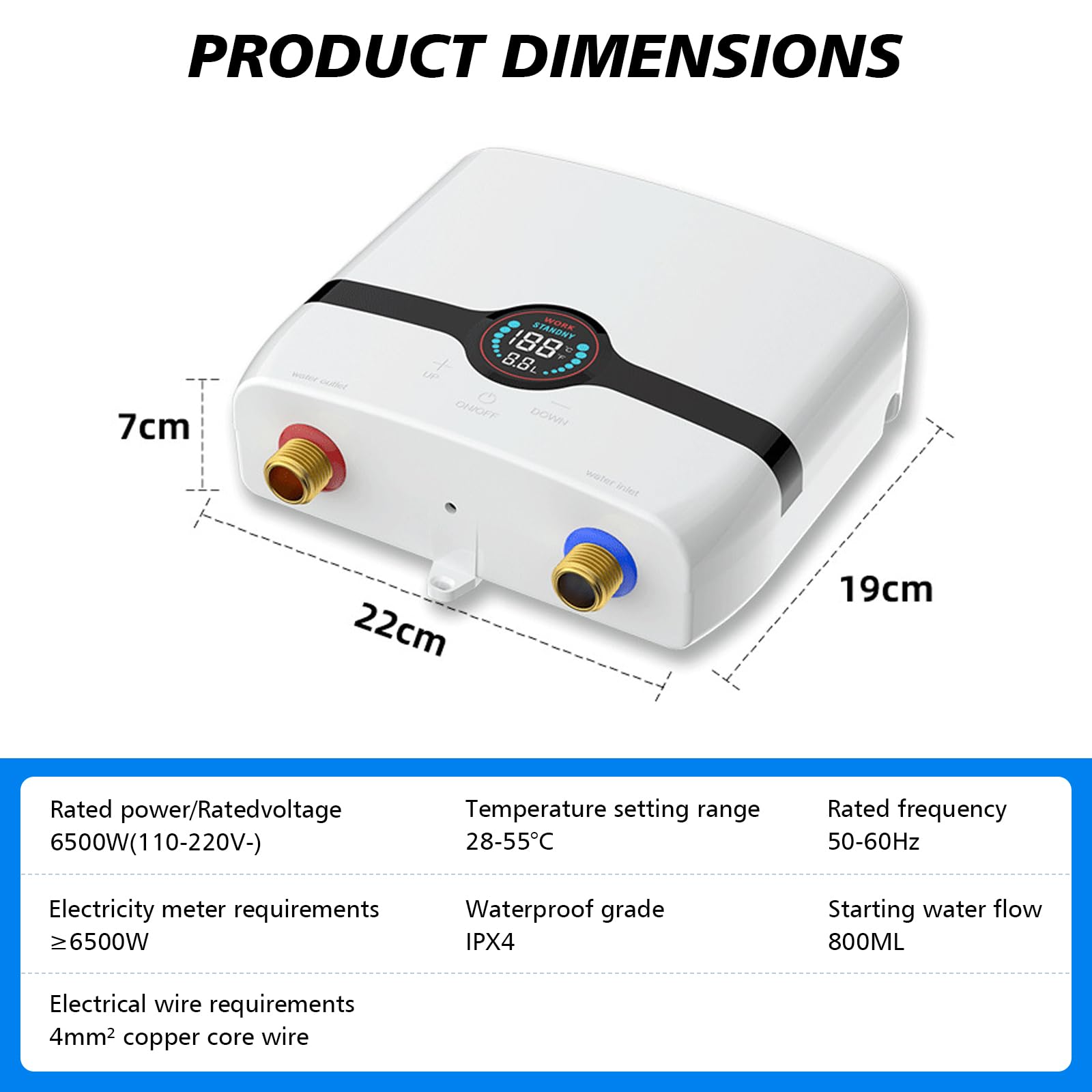 Chauffe-eau électriques 220V 6500W, Chauffe-eau électrique sans réservoir, Petit chauffe-eau instantané électrique économie d'eau Avec écran numérique, Pour cuisine, salle de bain, lavage