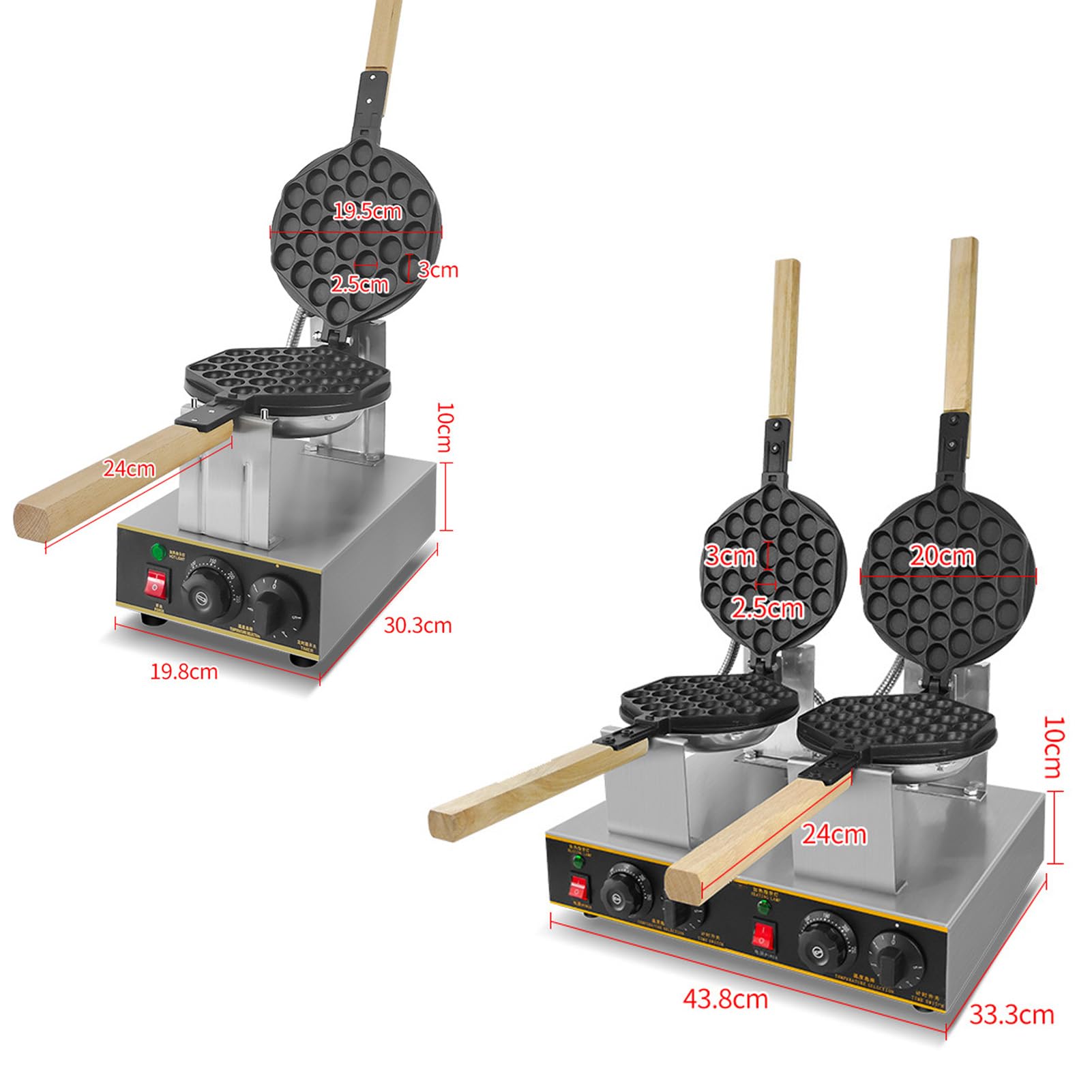 Gofrera de Burbujas con Soltero/Doble Cabezal Bubble Waffle Comercial Antiadherente Máquina de Gofre Estilo de Hong Kong 50-250℃,Sarten Gofres Girario 180 Grado (Size:Cabeza única)