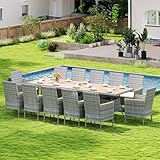 Wisteria Lane Patio Dining Sets for 12, All Weather Rattan Outdoor Table and Chairs with Acacia Wood Tabletop, Patio Dining Furniture with Removable Cushions for Deck Garden, Backyard, Gray