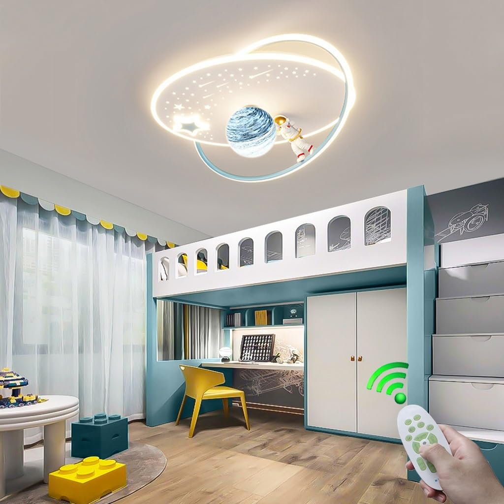 Plafonnier LED Astronaute Enfant – Lumière Graduable Télécommandée, Verre Soufflé Lune & Fusée Mignonne