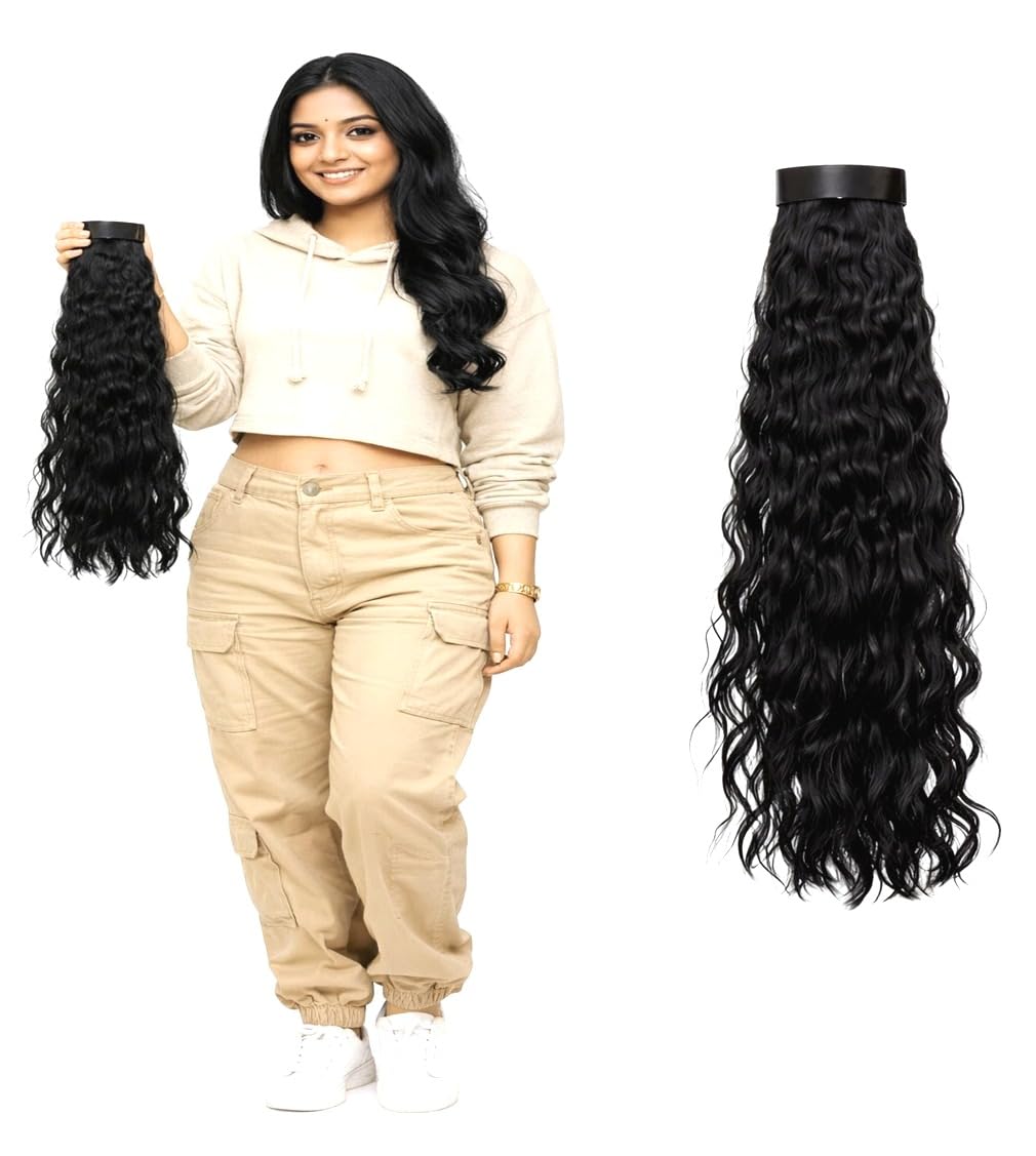 BEAUTY TOOL Hair Extensions And Wigs Womens/Girls Black Medium Wavy/Curly and Synthetic/Artificial Clip Attached (60/12 CM) (pack of 1)-image-2