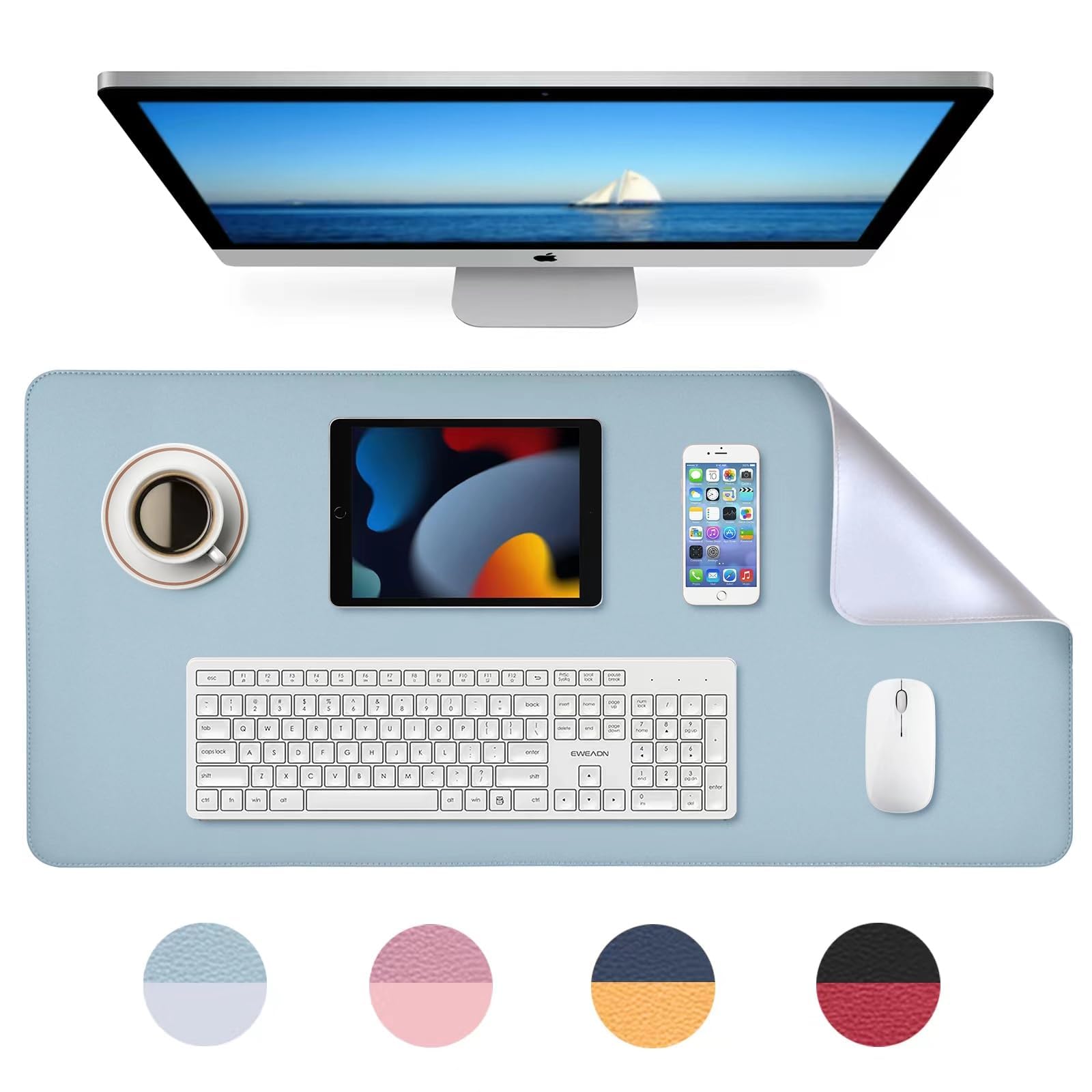 MumdoYAL Tapete de Escritorio, Alfombrilla de ratón, Desk Mat, tapete Impermeable de PU, 80 x 40 cm, Ideal para Oficina o hogar, de Doble Cara (Plata、Azul Cielo)