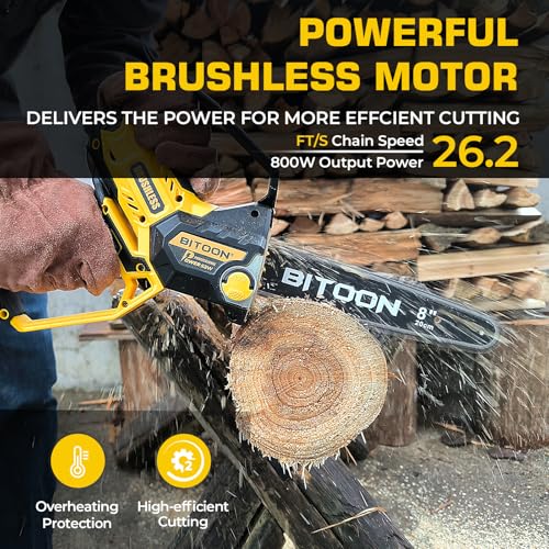 Image of BITOON 8-Inch Mini Chainsaw with 2PCS 3.0Ah Battery and Charger, Auto-Oiler, Brushless Cordless 8-Inch and 6-Inch 2-in-1 Pruning Chain Saw, Portable Electric Chainsaw for Cutting Wood, Branches Yellow