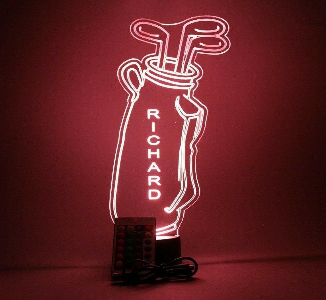 Golf Bag & Clubs Night Light Up Table Desk Lamp LED Player Golfer Hole in One Game Sports Personalized Name, Unique Present - It's Wow, with Remote, 16 Color Options, Free Engraved, Great Gift