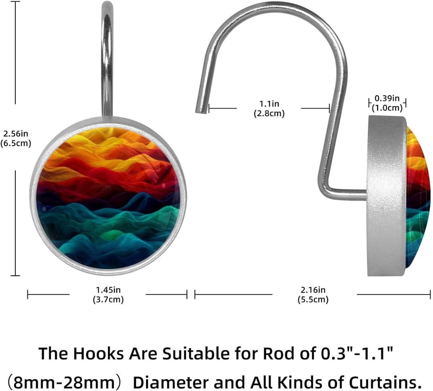 12pcs Shower Curtain Hooks, Decorative Shower Curtain Hanger Rings Roller, Stainless Steel Round Shower Rings Hangers for Bathroom, Colorful Wavy Pattern Rainbow