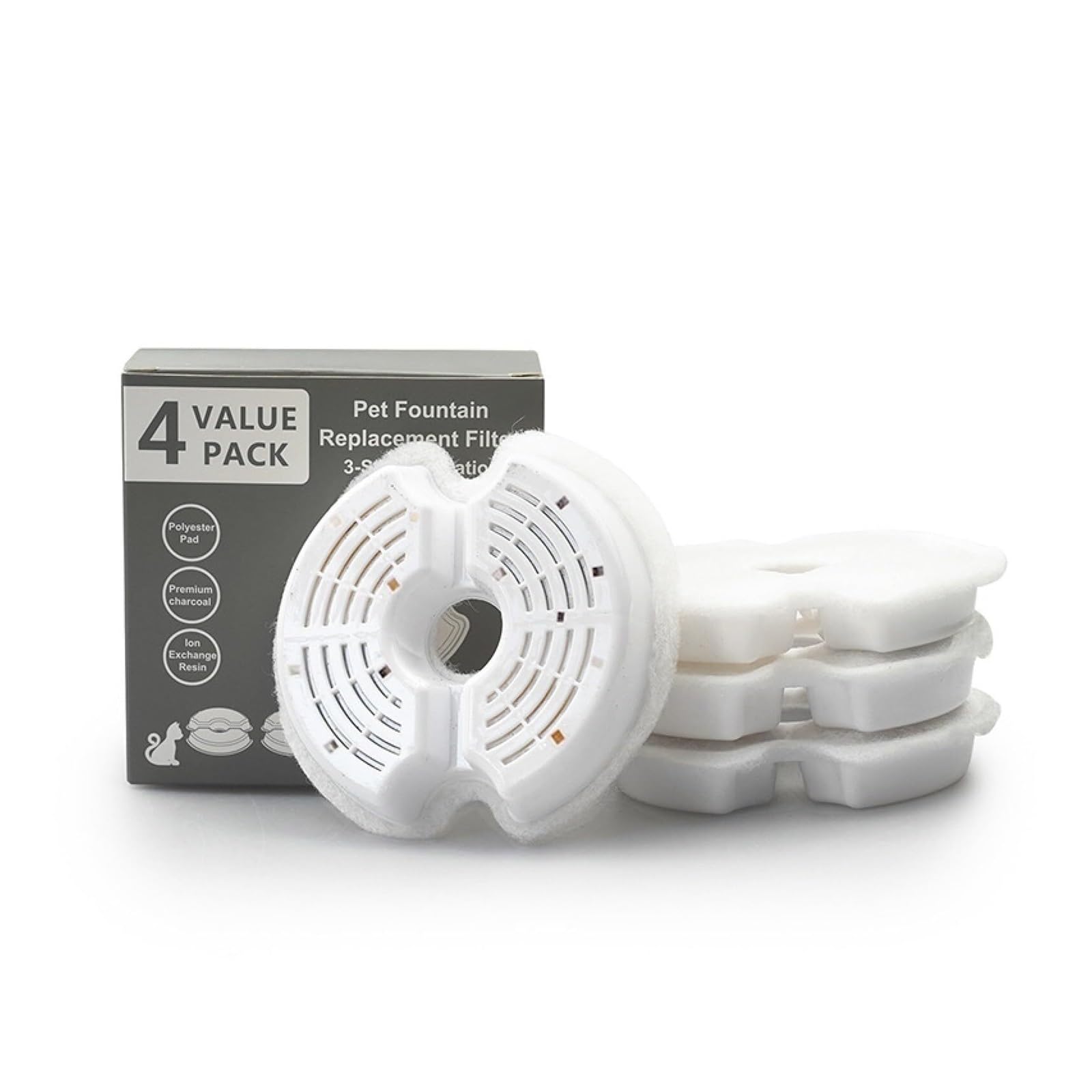 Filtros de repuesto para fuente de agua para gatos, paquete de 4/8, sistema de filtración multicapa con carbón activado para fuentes de mascotas de acero inoxidable (cartucho con muescas, 4 piezas)