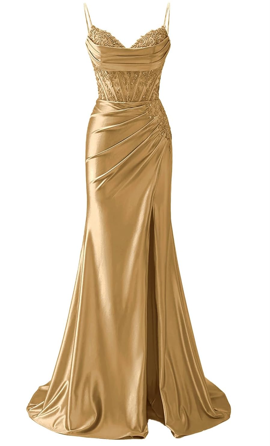 YIANN Mermaid Satin Prom Dresses for Women with Slit Gold Lace Applique Formal Dress Long Ball Gown UK12