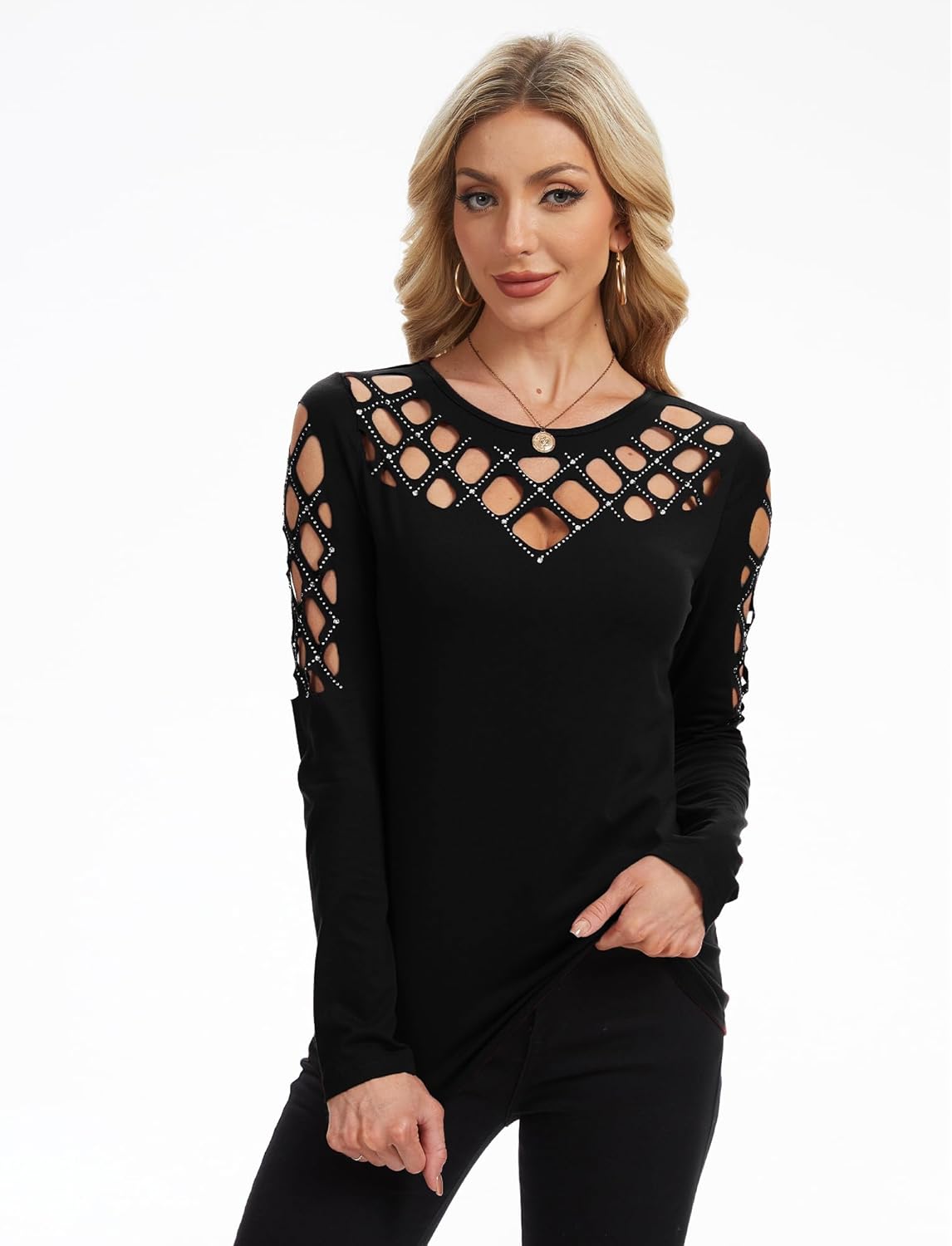 Memorose Women’s Long Sleeve Shirts Sexy Rhinestone Cut Out Cold Shoulder Tops Casual Sparkle Blouse - Image 4