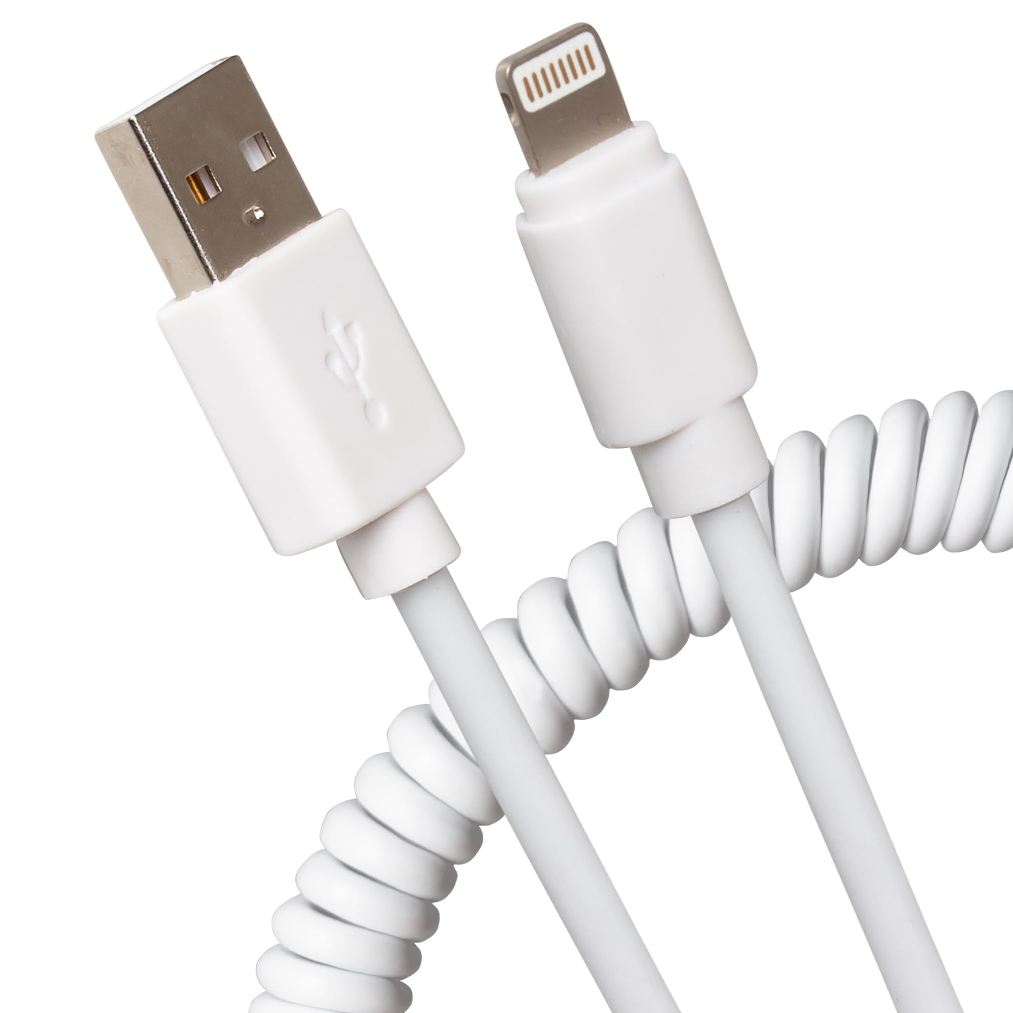 Maplin Lightning to USB-A Coiled Curly Charging Cable Extending to 0.5m, White, Compatible with all iPhones 14, 13, 12, 11, SE, iPad Air/Mini (2019), iPad (up to 2021), Airpods (w/Lightning Case)