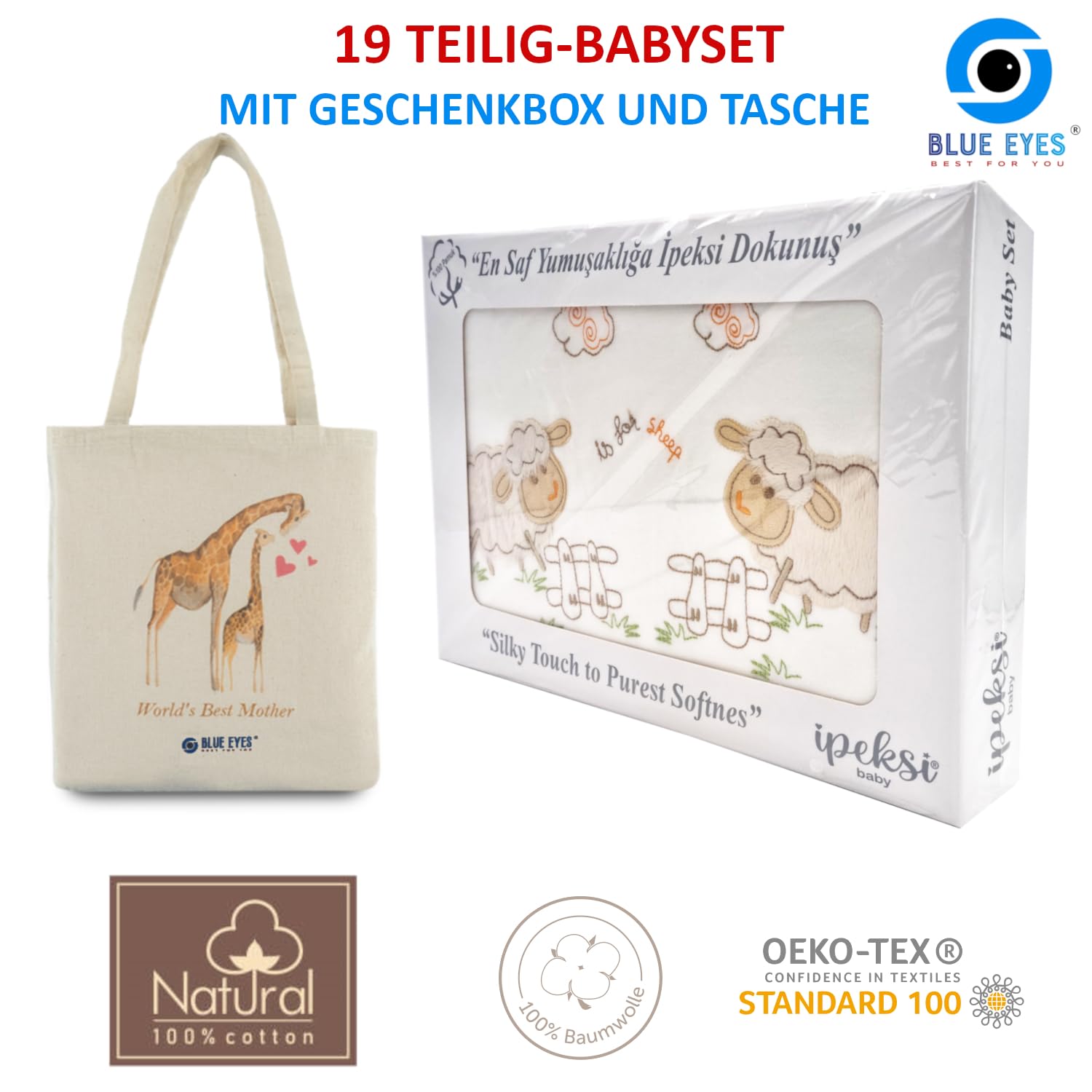 Blue Eyes Juego de toallas de baño para recién nacidos, 100 % algodón natural, equipamiento inicial, unisex, juego de regalo, toalla de baño para bebés de 0 a 4 meses, con etiqueta de regalo (juego de