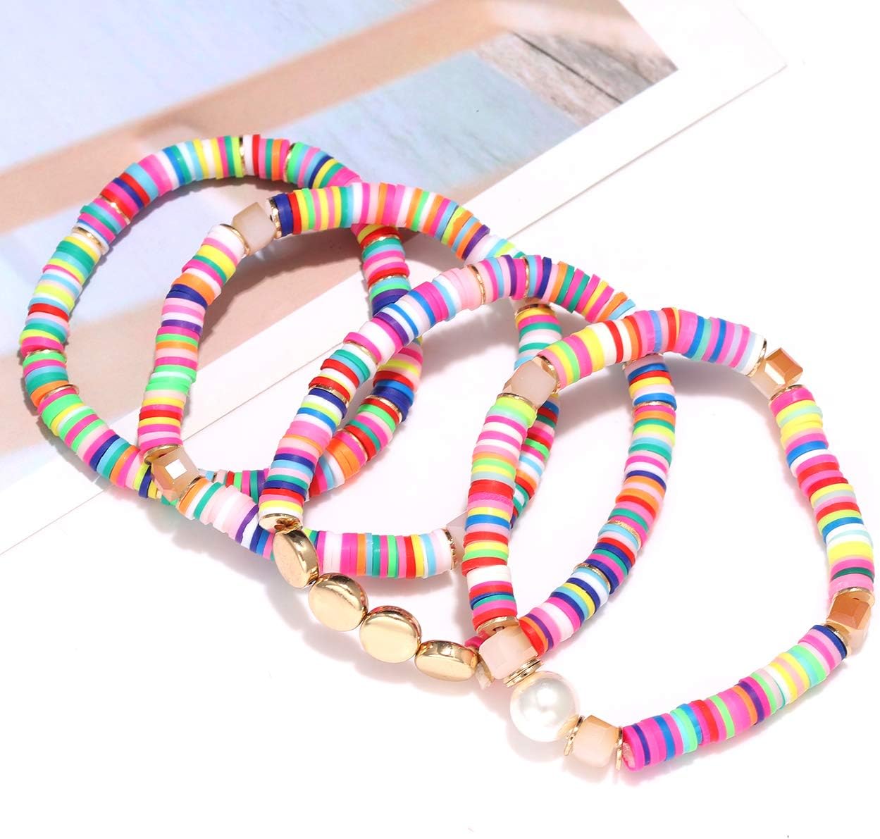 ARATLENCH Heishi Surfer Necklaces Bracelets –Colorful Vinyl Disc Beads Love Necklace Boho Rainbow Stack Stretch Friendship Bracelet Necklaces Set for Women image 5