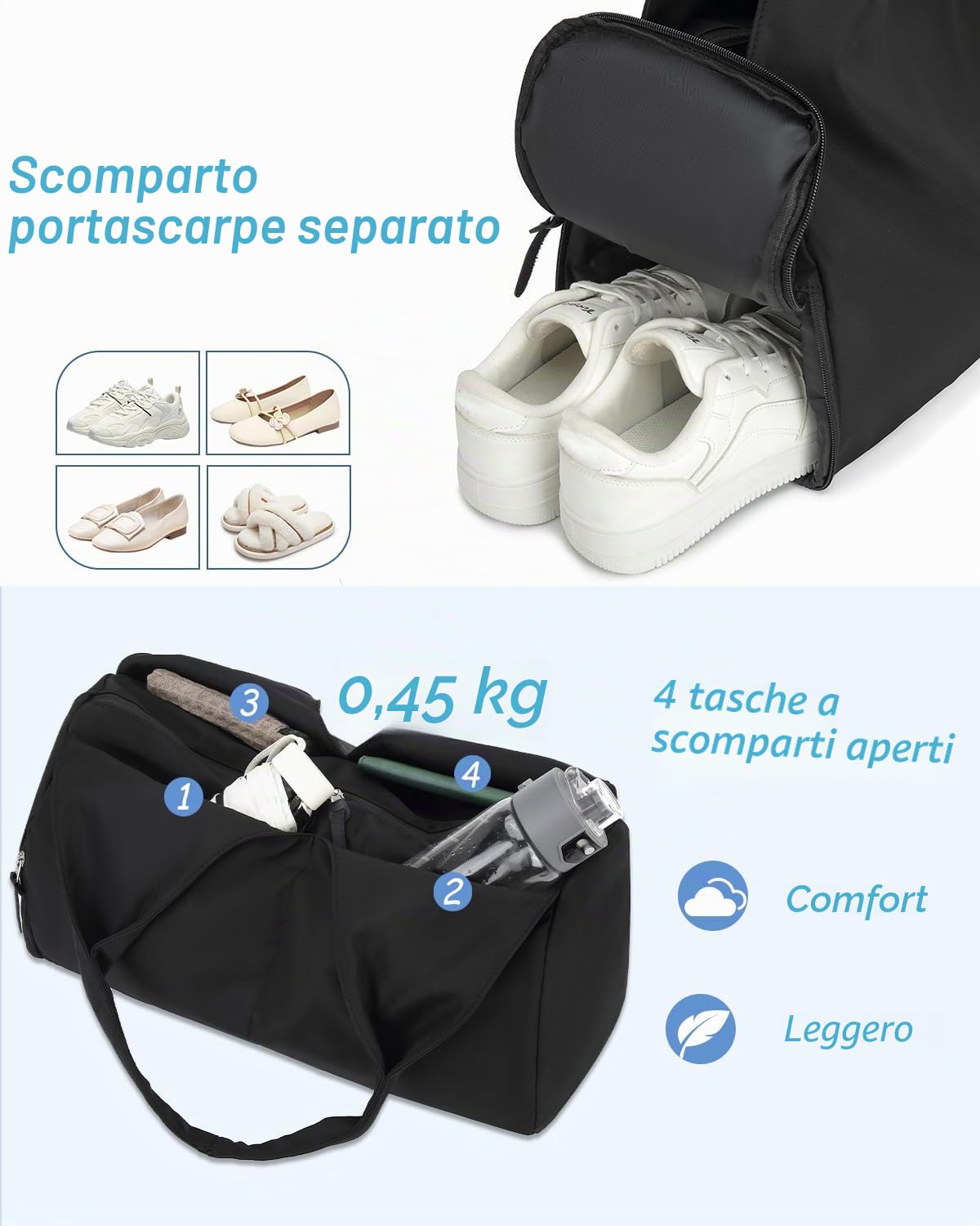 Borsone Palestra Donna Borsa da Sportiva/Viaggio/Piscina/Yoga con Scomparto per Scarpe 25L Nylon Sports Gym Duffle Bag (Nero)