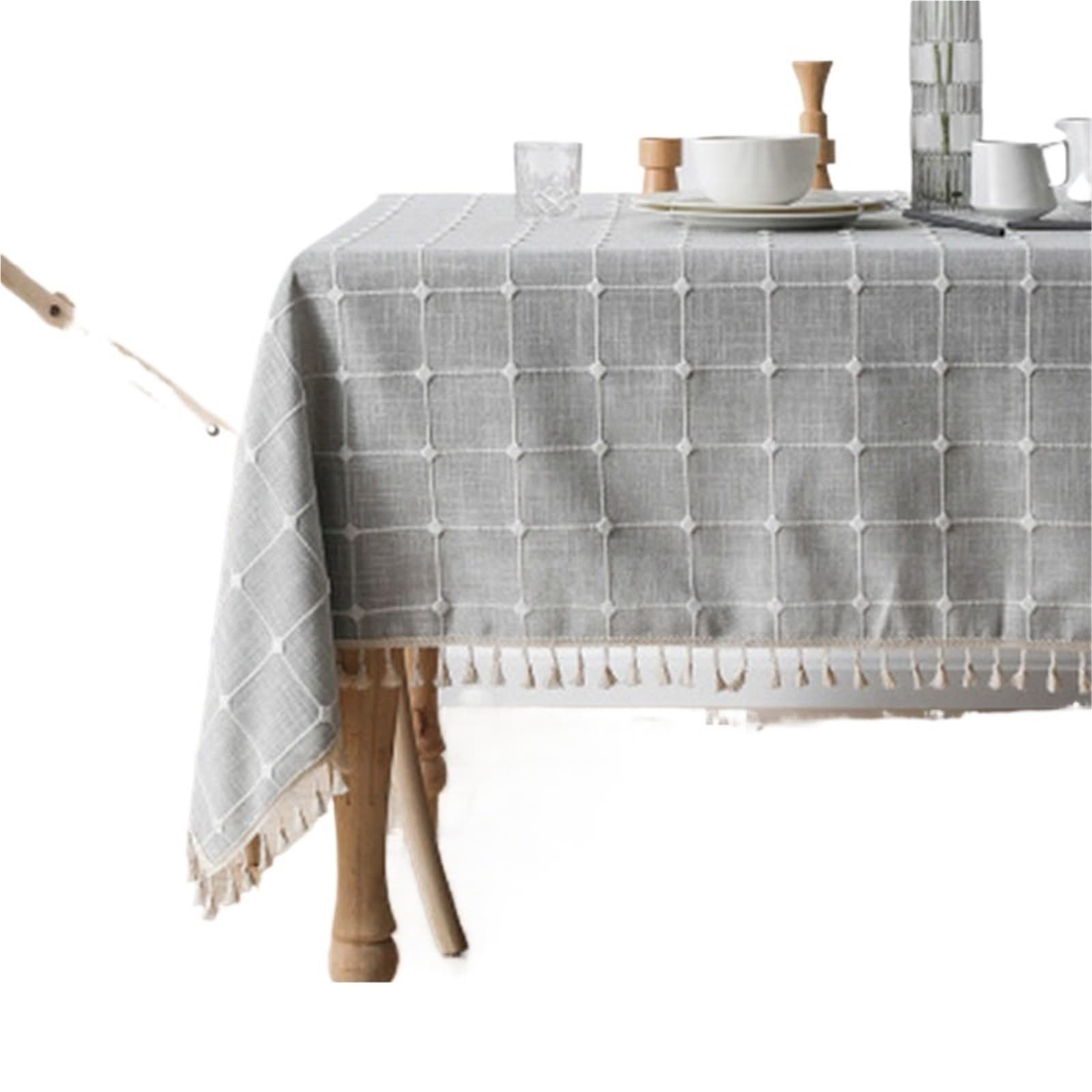 Nappe en dentelle rectangulaire coton lin bleu 140x200 cm avec pompons pour table