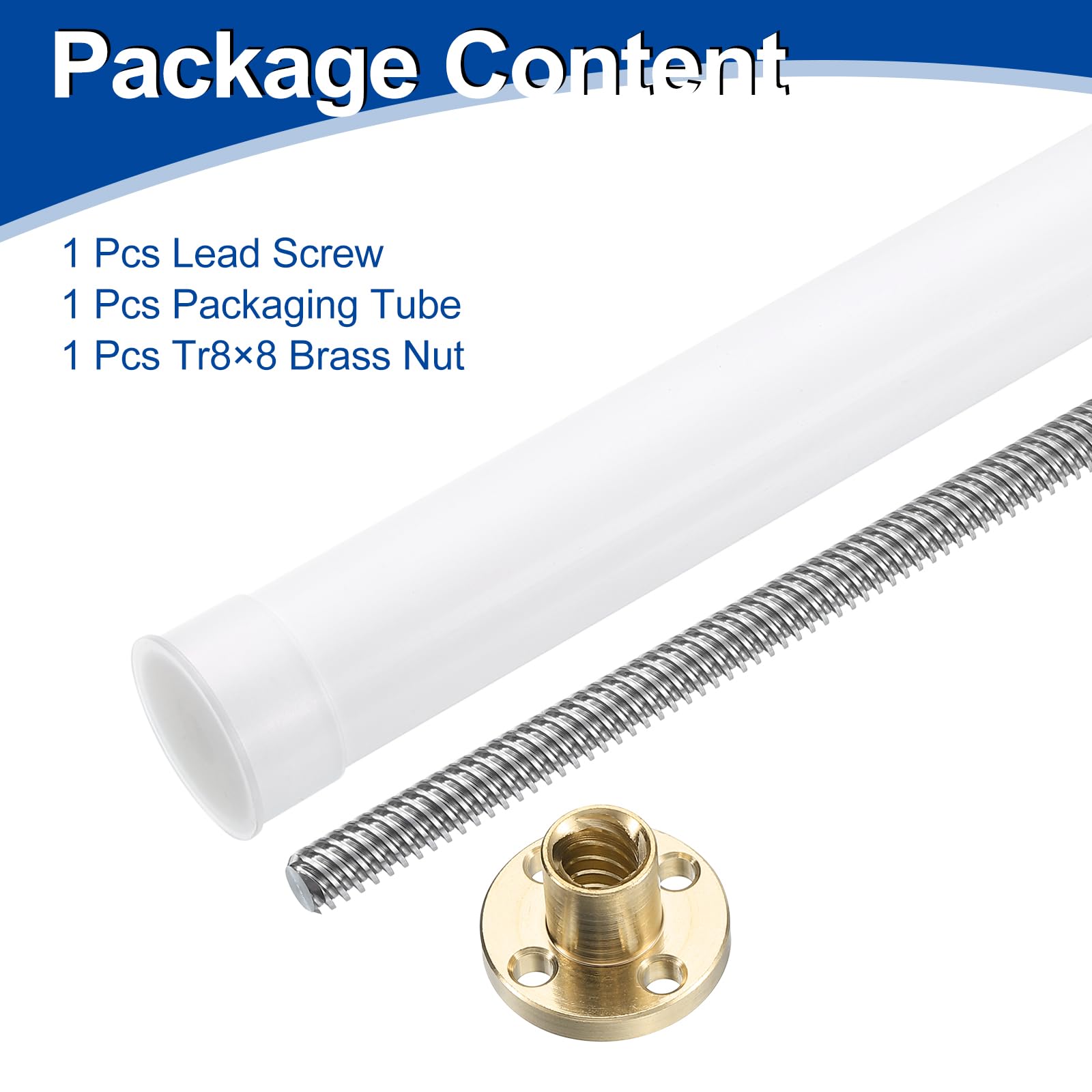 uxcell 1Pcs 200mm Tr8x8 Lead Screw with Brass Nut (Acme Thread, 2mm Pitch, 4 Starts, 8mm Lead), 304 Stainless Steel Screw Bar Printer Upgrade Parts with Plastic Packaging Tube, Silver — Amazon image 3