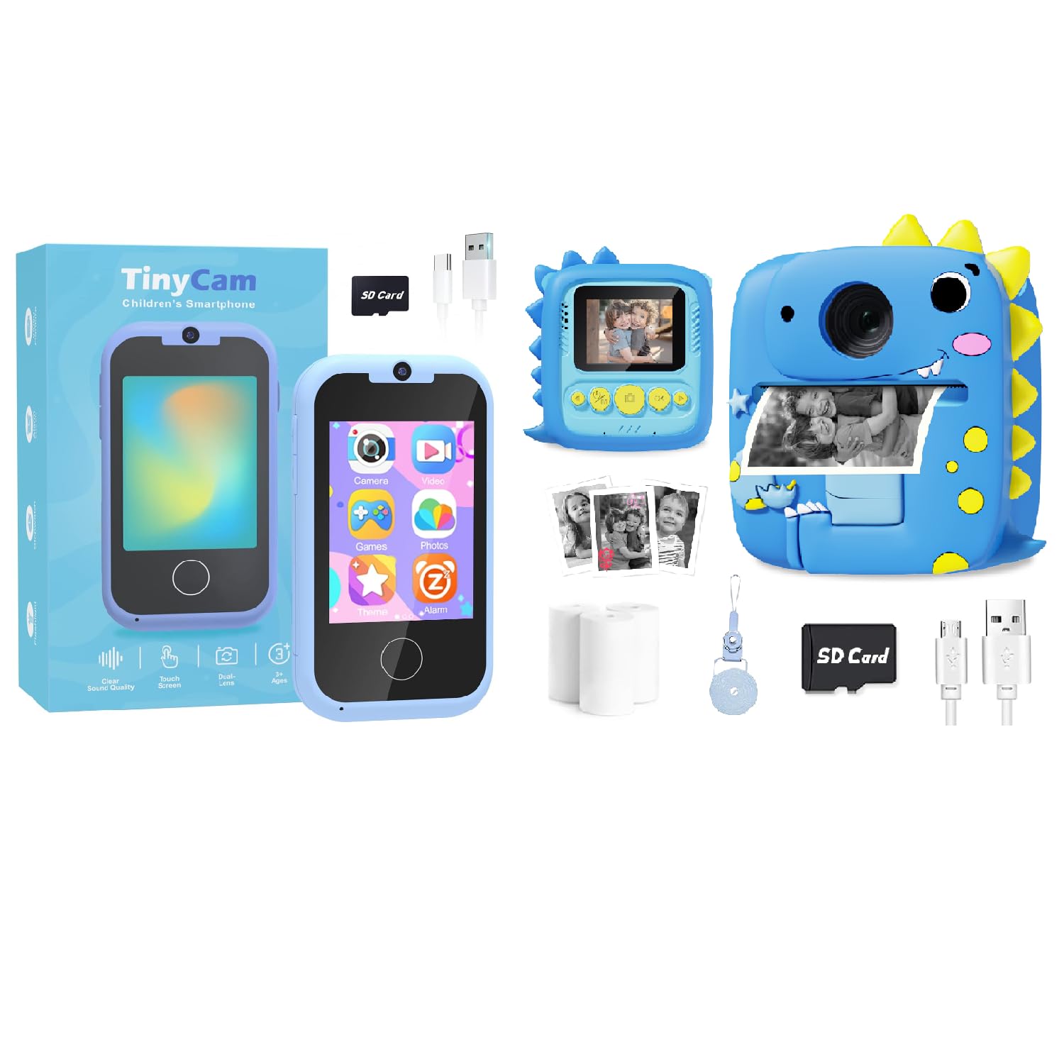 Eltrynic Kids Smart Toy Phone Blue and Kids Camera Instant Print Dinosaur Toys Blue