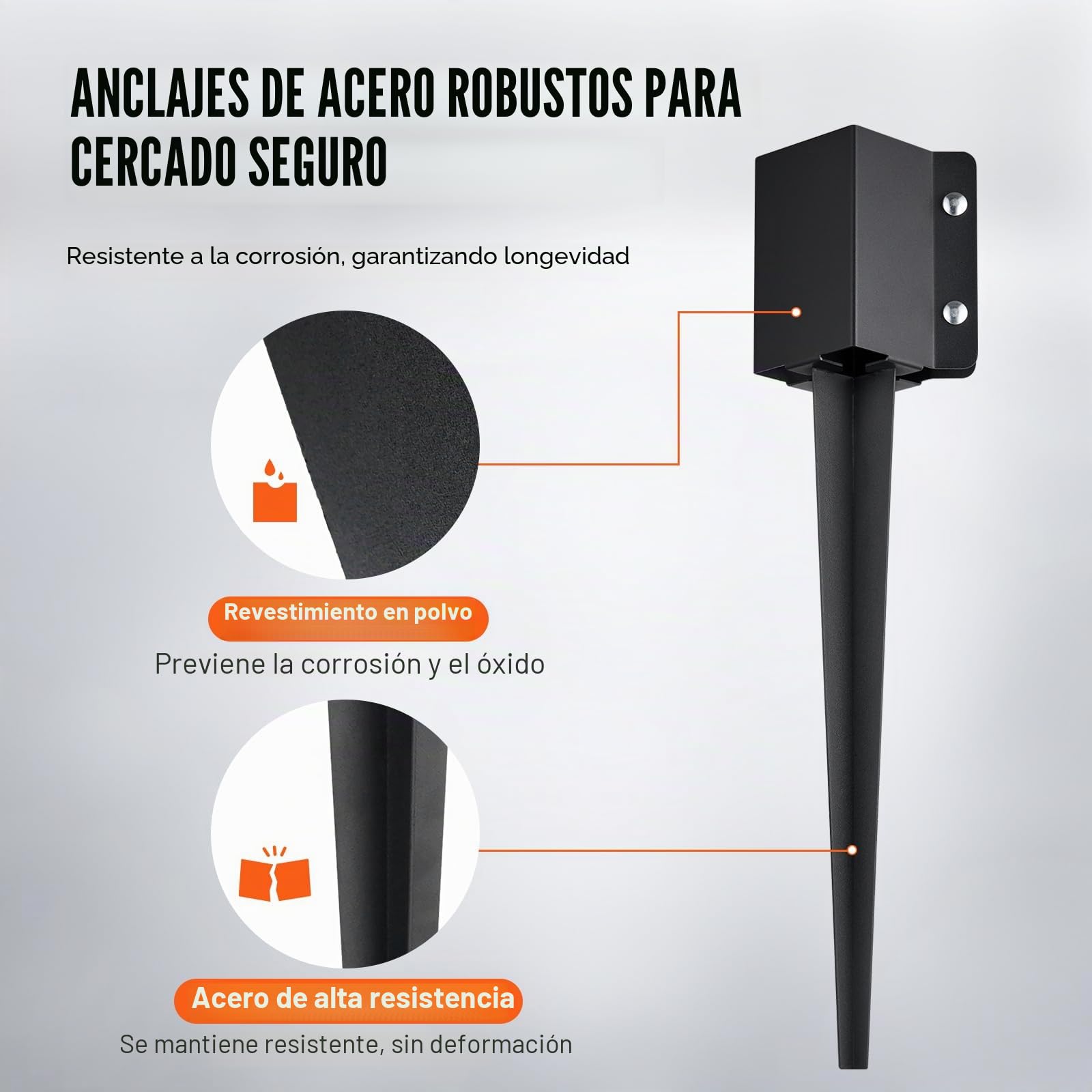 VEVOR Estaca de anclaje para poste de valla, paquete de 8, 24 x 4 x 4 pulgadas de diámetro exterior (diámetro interior 3,5 x 3,5 pulgadas), estaca de poste con recubrimiento de polvo negro de metal, p
