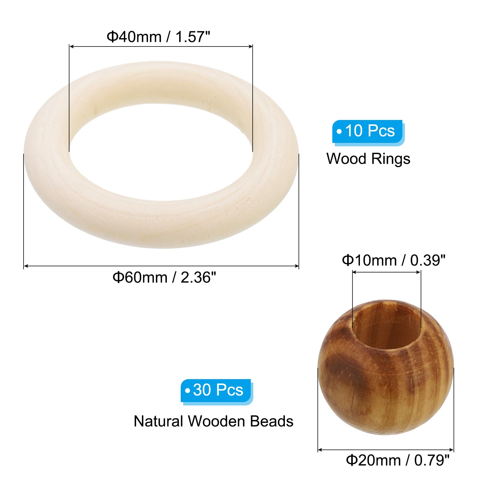 PATIKIL Natural Wood Rings and Unfinished Wooden Beads Set - Image 2