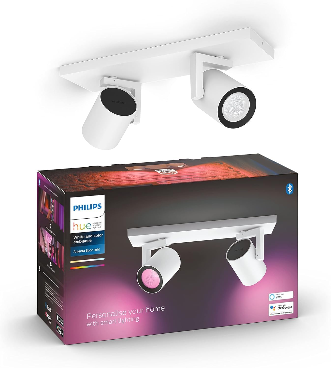 Philips Hue - Lámpara LED inteligente Philips Hue Argenta, 5.7W-350 lúmens, Luz Blanca y de Colores, Compatible con Alexa y Google Home, 2 Focos LED, Blanco