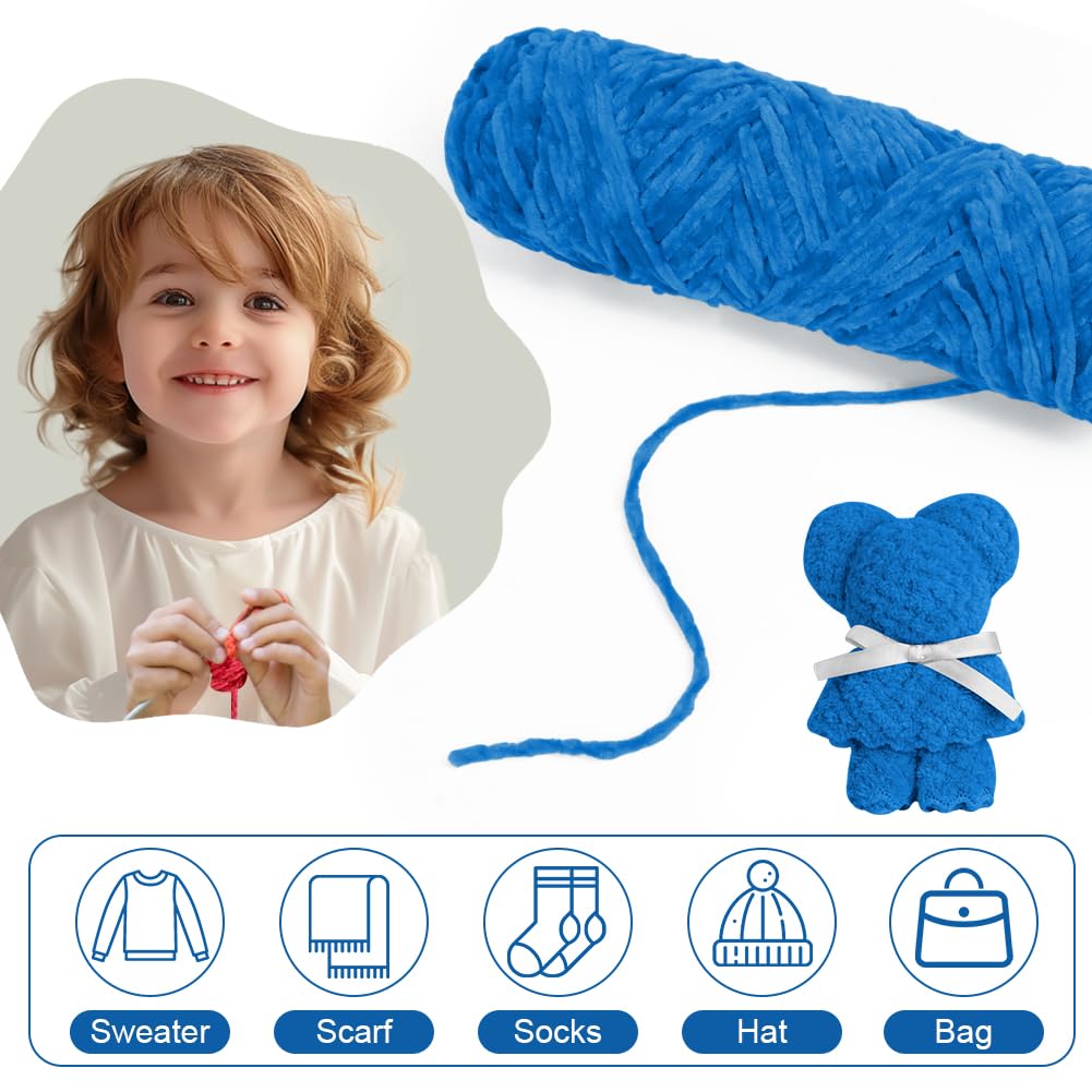 AUAUY Chunky Chenille Yarn - 3 x 100g Super Soft Velvet Yarn for Knitting, Crochet, Blankets, Clothes, Bags, Scarves & DIY Works - Blue - Image 3