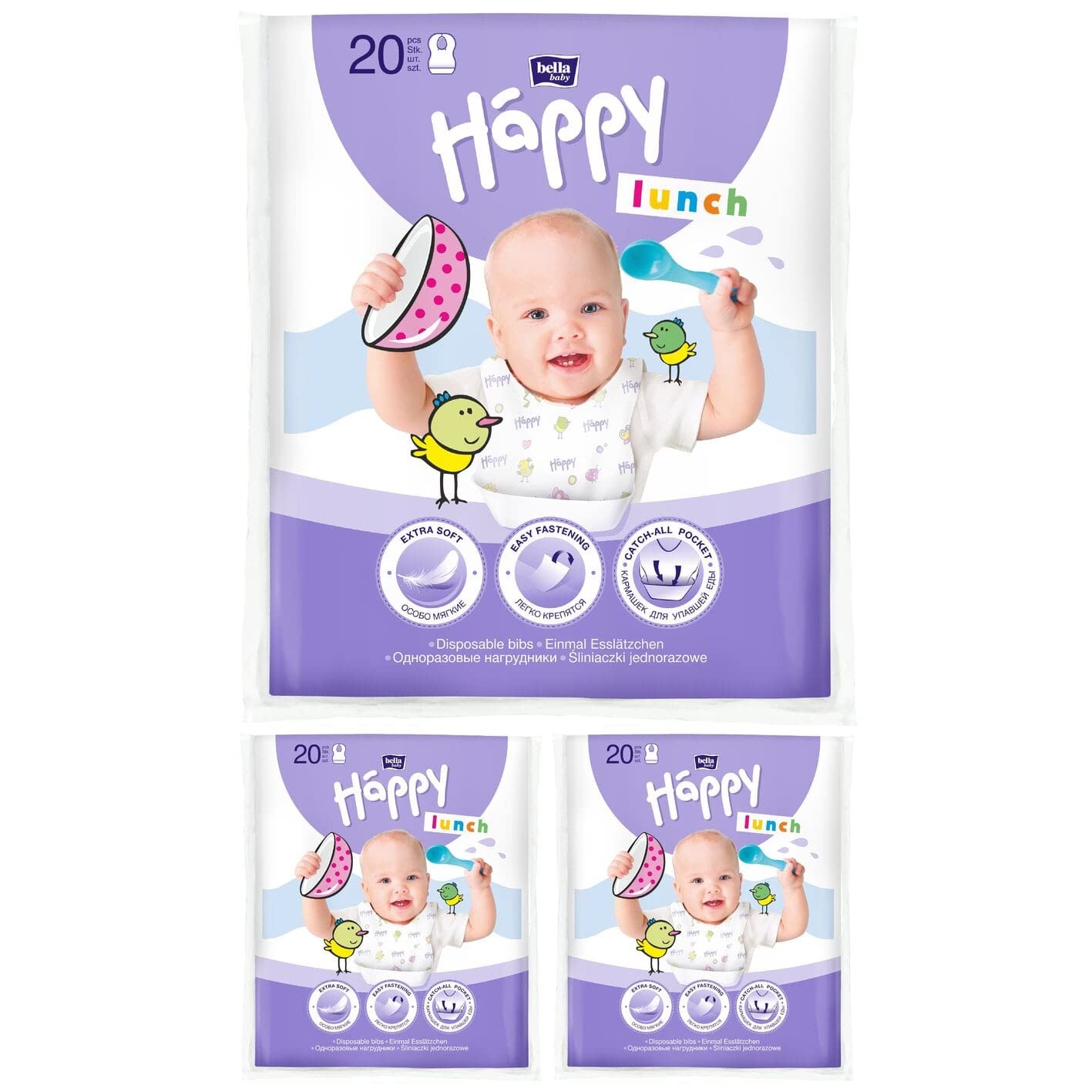 Bella Baby Happy Lunch einmal Esslätzchen 3 x 20er Pack | Lätzchen für Babys | Lätzchen mit Auffangtasche | extra weich und sanft zur Haut