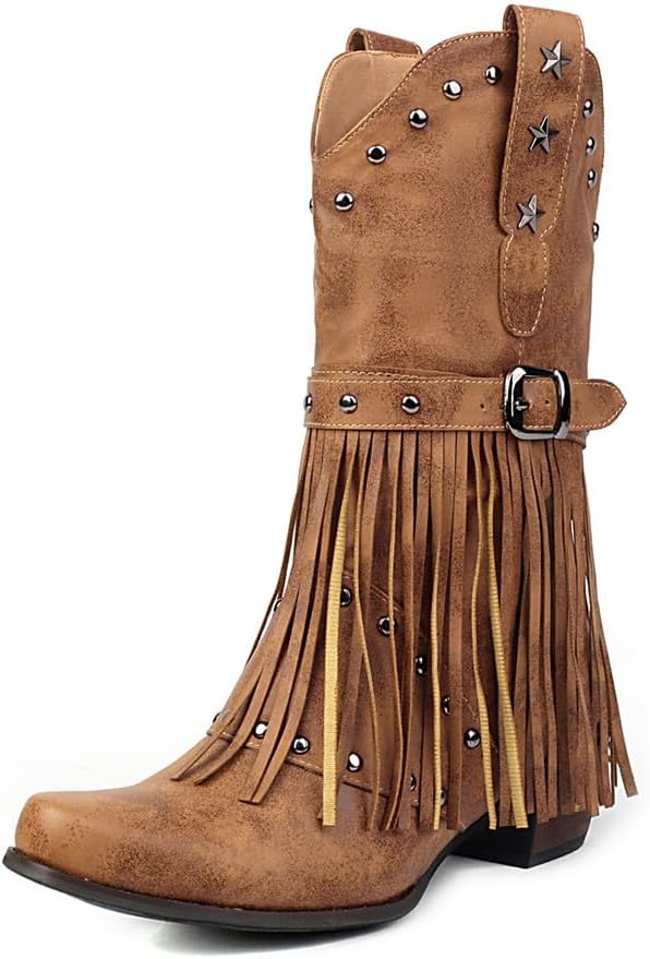 Women's Fringe Cowboy Boots Mid Calf Cowgirl Boots with Studded Pointed Toe and Chunky Heel Western Tassel Riding Boot