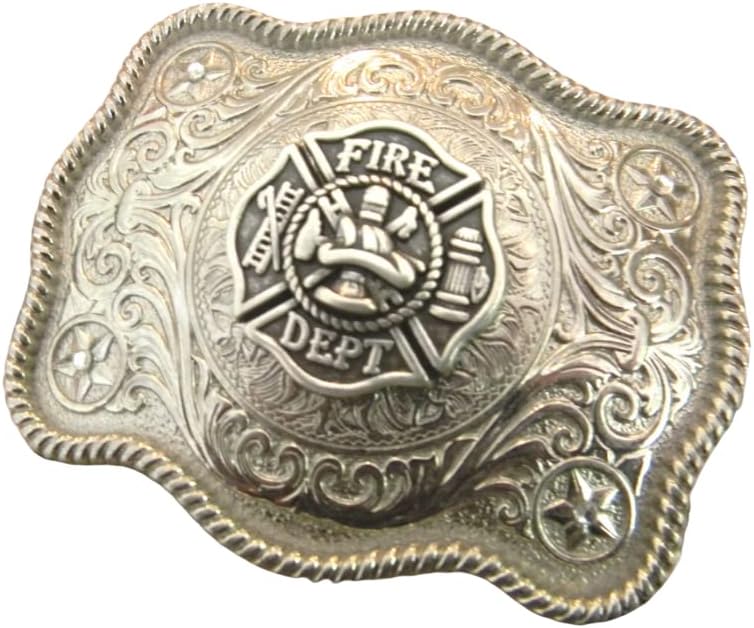 Firefighter Silver Belt Buckle, Fire Dept Western Fireman Badge Gift