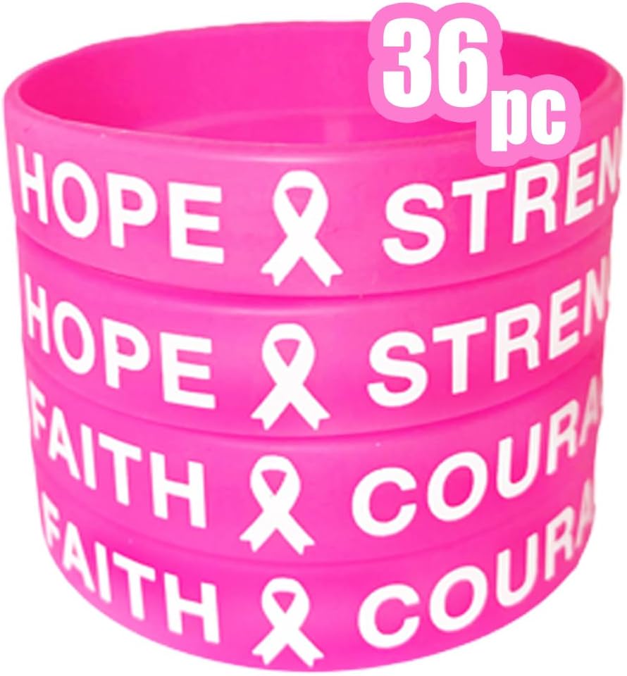 AISENO 36 Pcs Breast Cancer Awareness Pink Ribbon Bracelets Rubber Wristbands Strength Hope Faith Courage Party Wristband Supplies Unisex