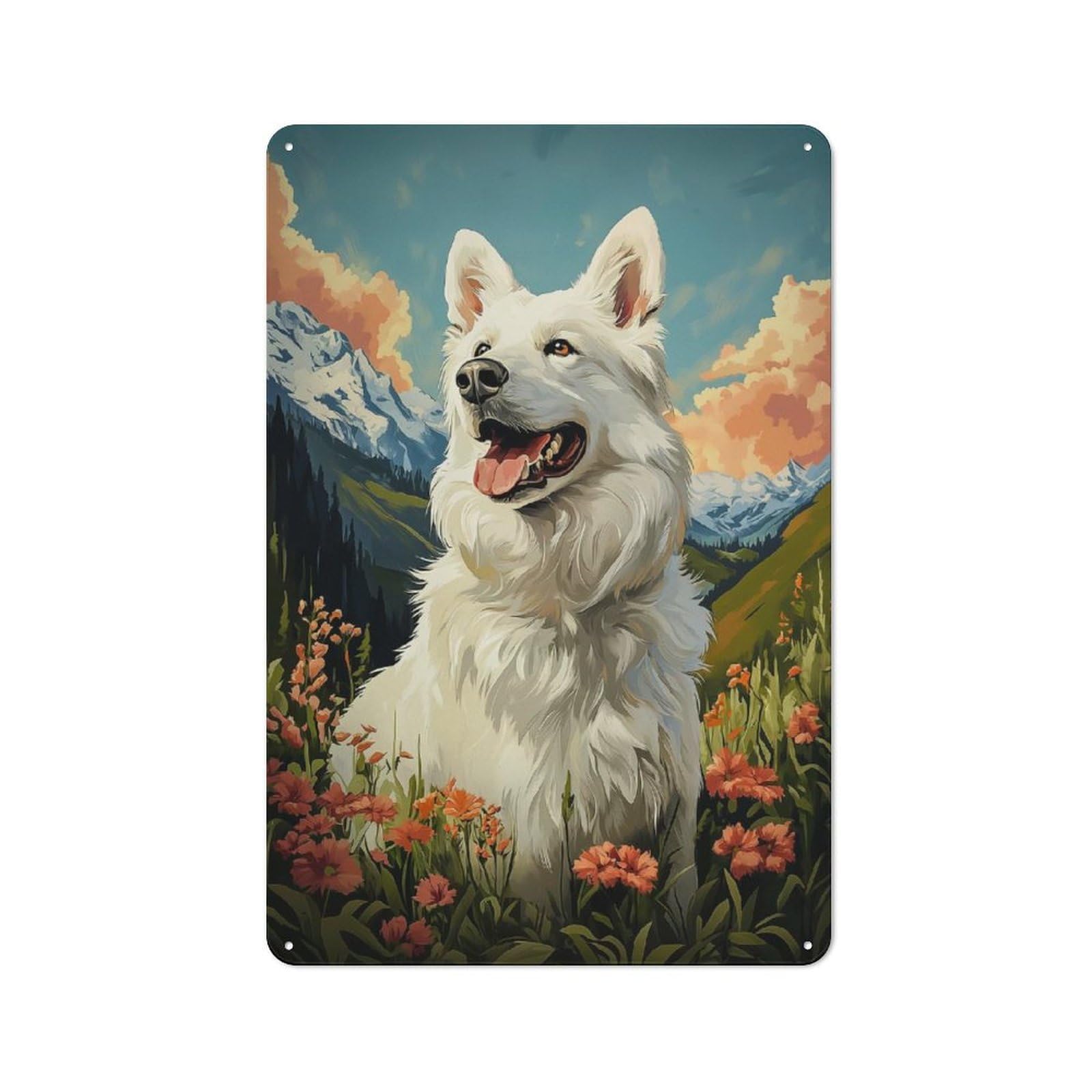 Junmoney Style-7 White Swiss Shepherd Dog In Mountain Meadow Rustic Metal Sign 30X20cm For Garden Room Or Summerhouse, For Themed Interiors In Garden Rooms And Summerhouses