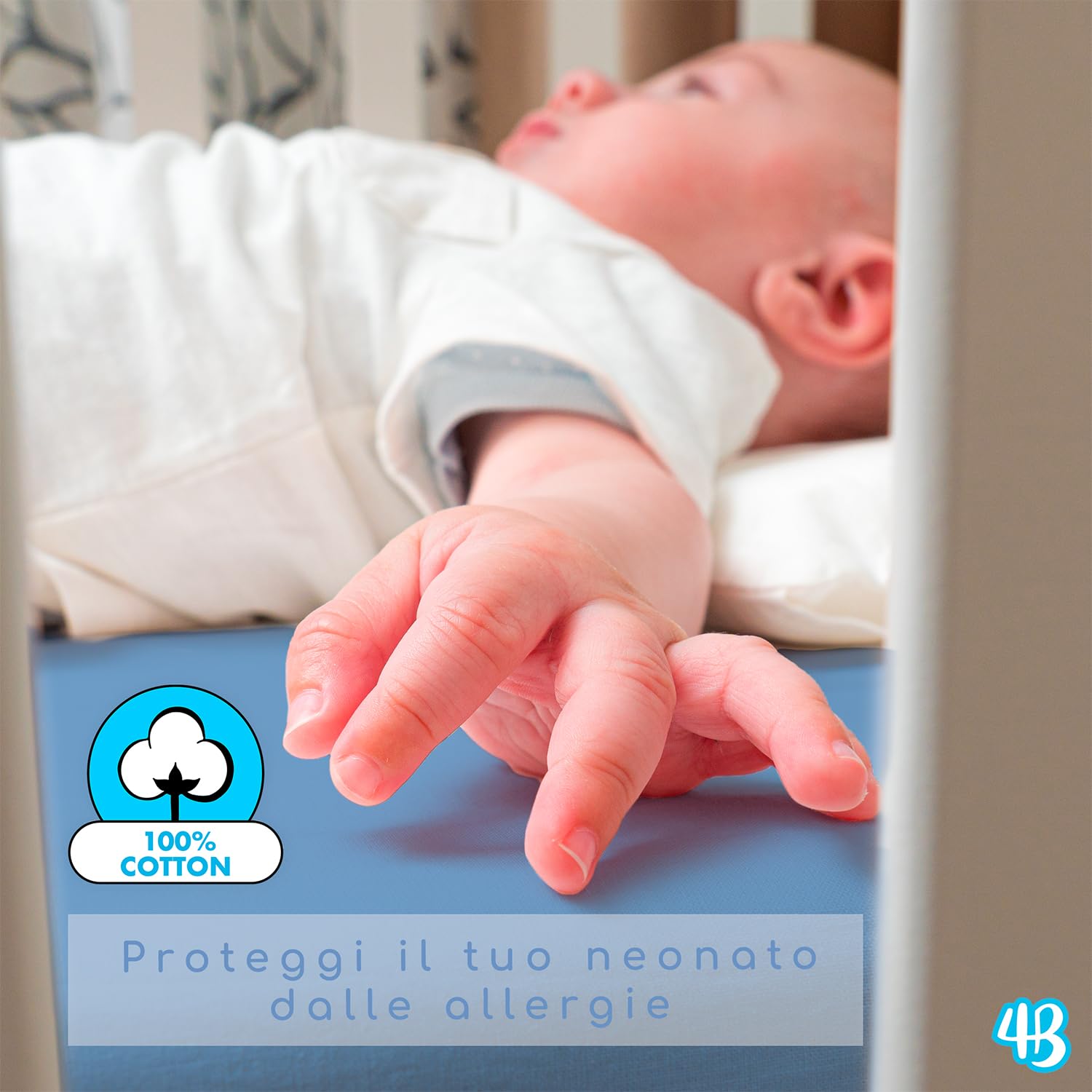 4BABIES - Set 4 Lenzuola Lettino Neonato 60x120 - Lenzuolo con Angoli per Culla in Cotone 100% Morbido Traspirante - Made in Italy OEKO-TEX - Pois Blue, Smoke Blue, Azzurro e Blu