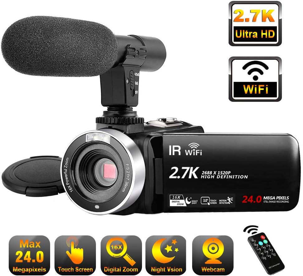 Video Camera Camcorder with Microphone WiFi IR Night Vision Vlogging Camera Ultra HD 2.7K 30FPS 24MP 16X Digital Zoom 3" LCD Touch Screen YouTube Camera Recorder