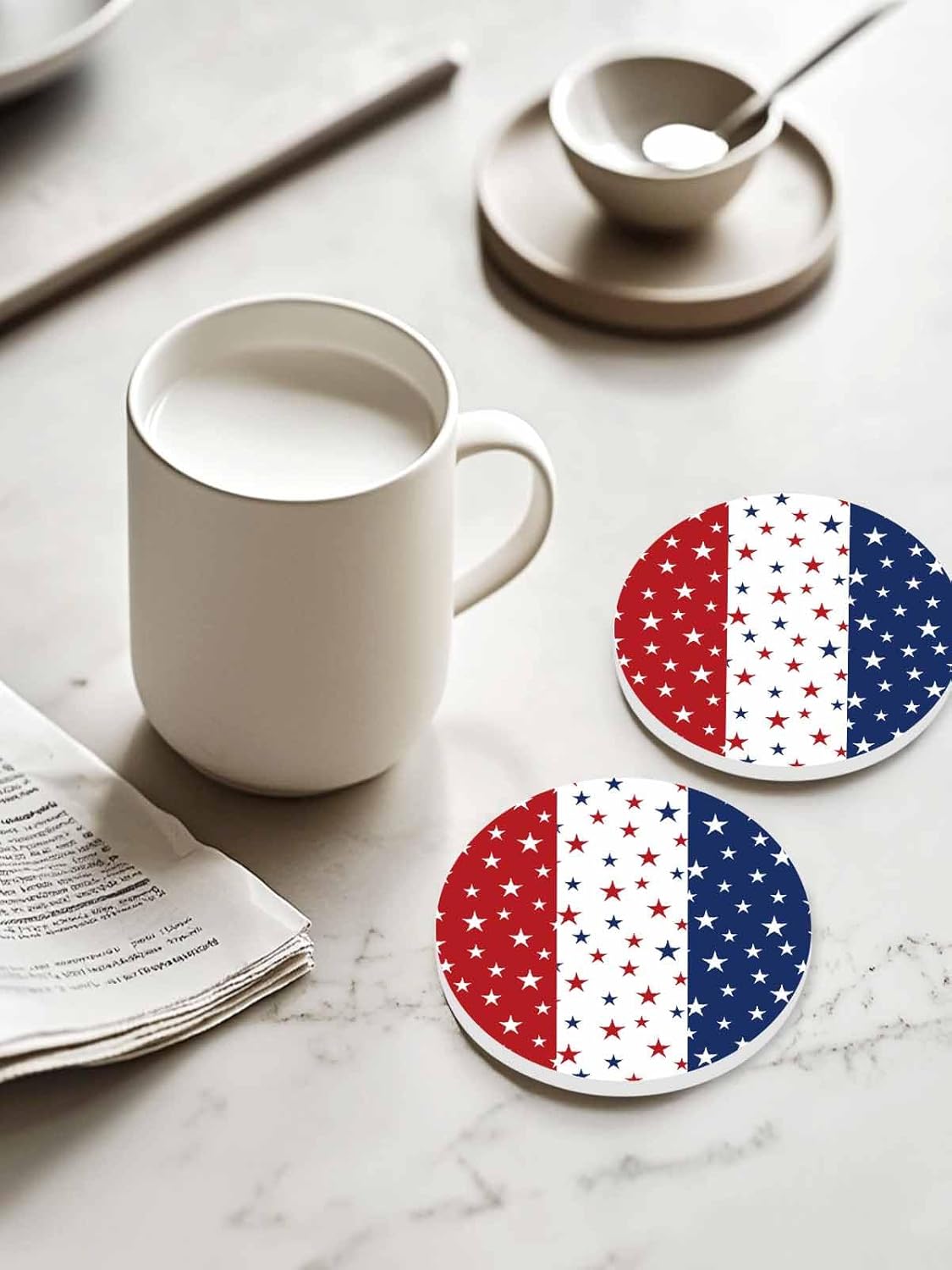 Independence Day Ceramic Drink Coaster U.S. Flag Themed Colorful Five-Pointed Star Stripes Set of 6 with Holder Coasters for Tabletop Protection Coffee Table Decor Home Decor House