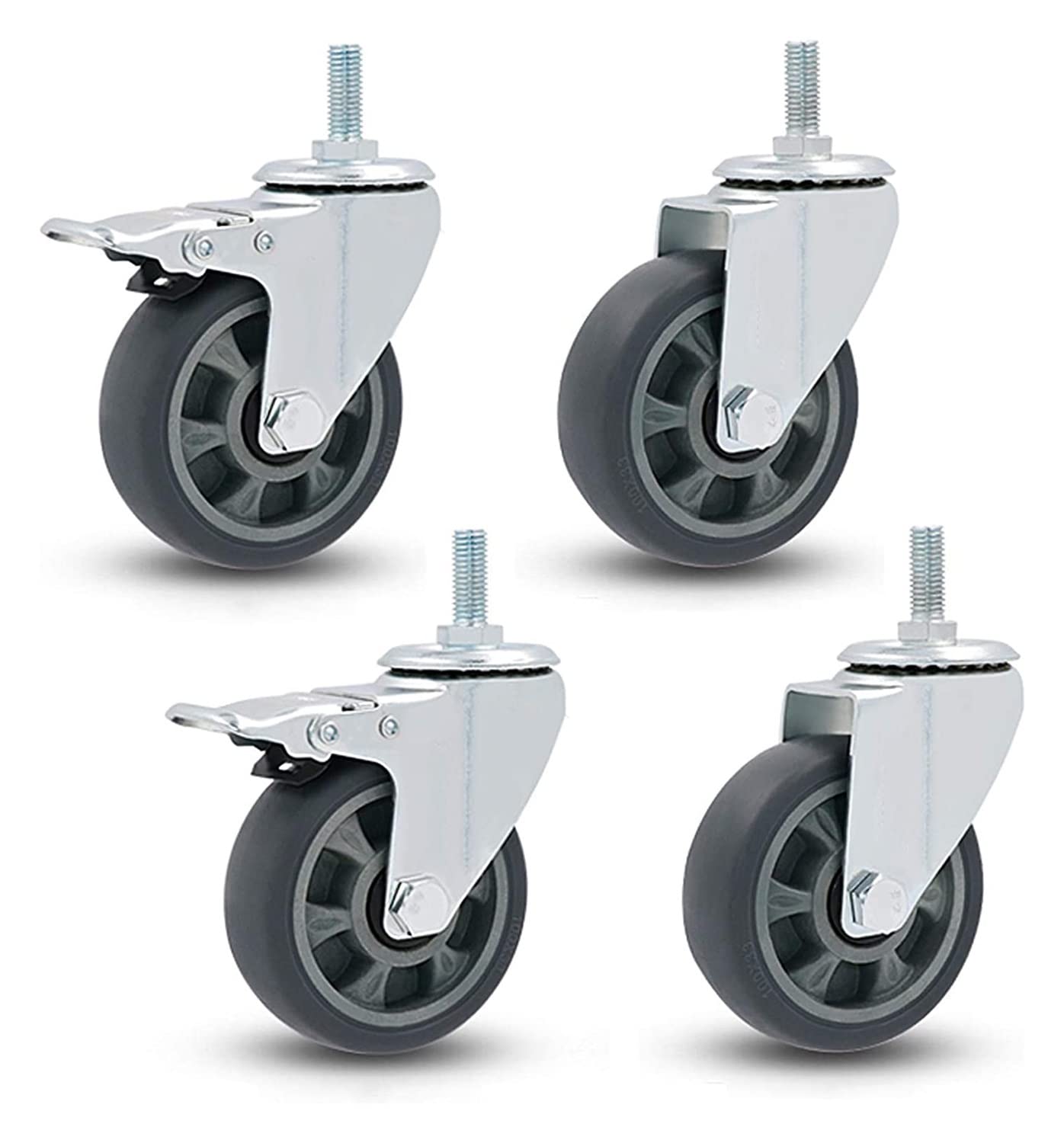 MXXQRHF Heavy Duty Swivel Castor Wheels 100mm Rubber Casters for Industrial Transport Workbench & Carts M12x30mm Stem 4 Pcs with Brake Universal Fit Trolley Wheels