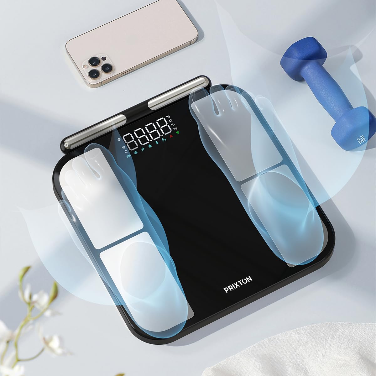PRIXTON BC400 Body Metric Báscula de Baño Inteligente con Bioimpedancia, 56 Medidas Corporales, App Multiusuario (hasta 200), Electrodos Extensibles, 180 kg, IMC, Grasa y Masa Muscular