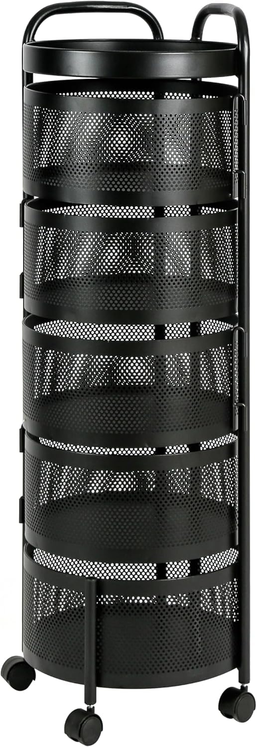 HYGRAD BUILT TO SURVIVE 4/5 - Tier Round Multi Layer Rotating Storage Cart Detachable Kitchen Bathroom Trolley Shelf – Vegetable,Fruit Storage Basket With 360° Wheels - Black (5 - Tier)