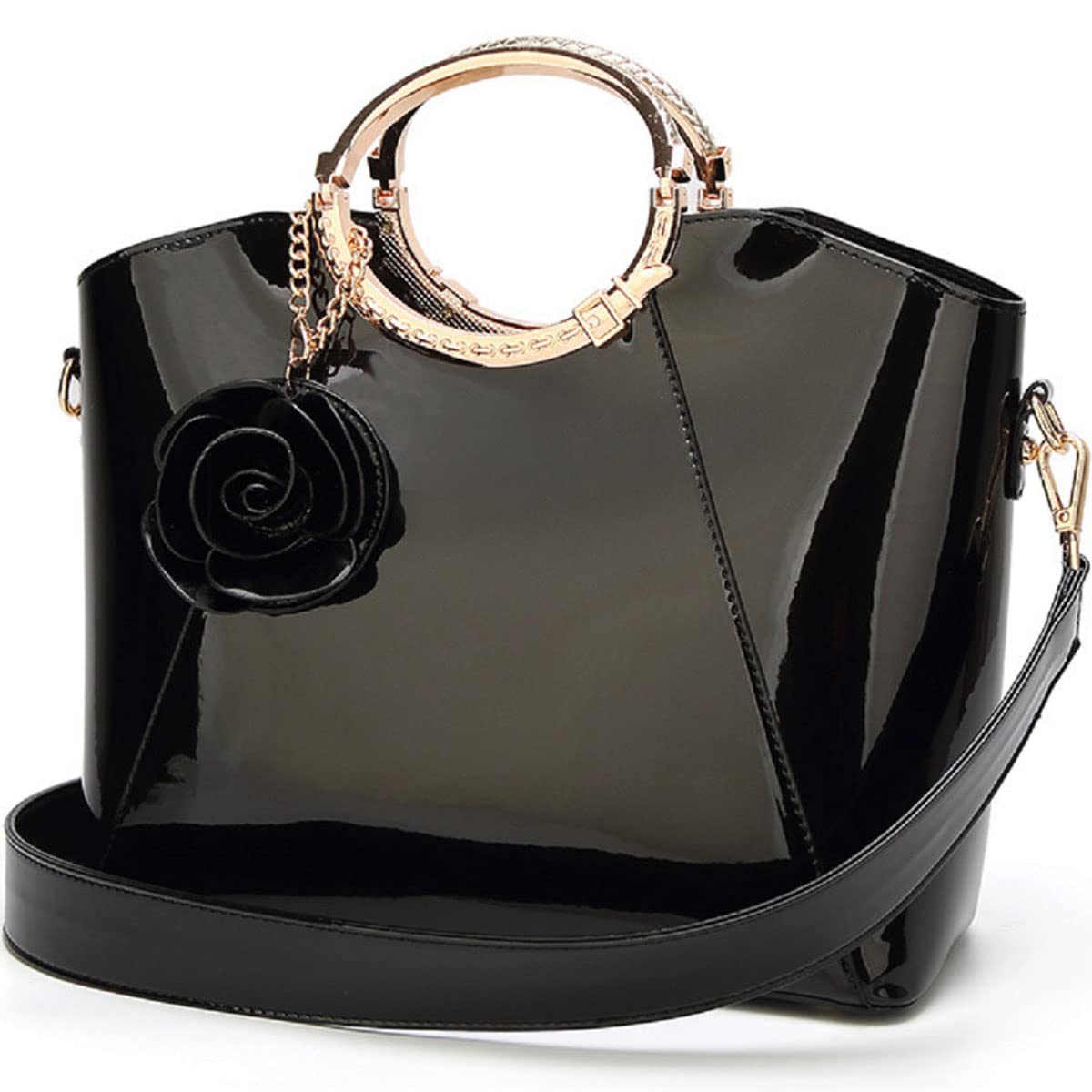 XingChen Glossy Faux Patent Leather Shoulder Handbag Women Evening Party Satchel Flower Pendant Top Handle Tote Purses