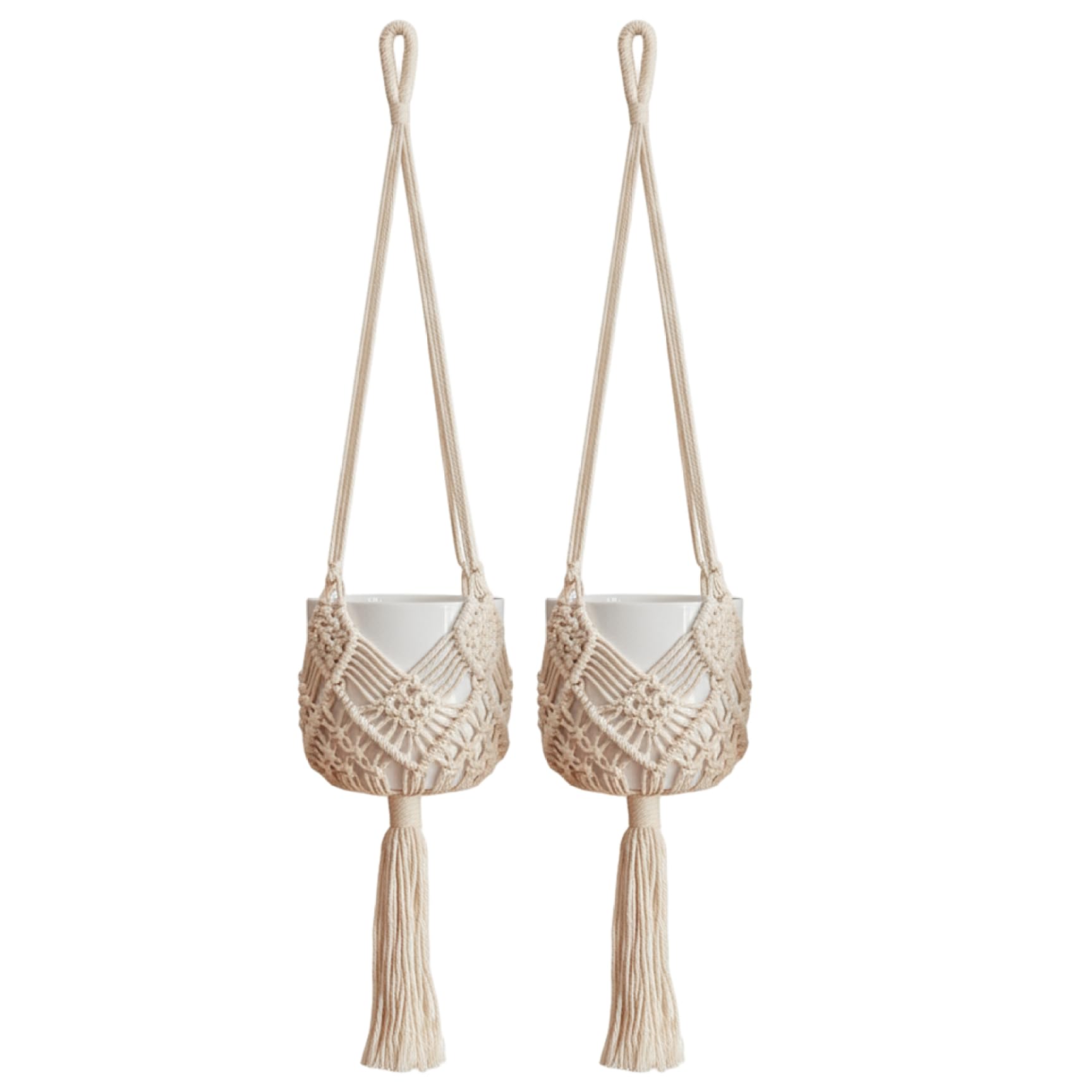 Hotainoys 2 Pack Macrame Plant Hangers Indoor, 35 Inch Boho Handwoven Cotton Rope Hanging Plant Holder with Tassel for Home Decor White, Hangers Indoor
